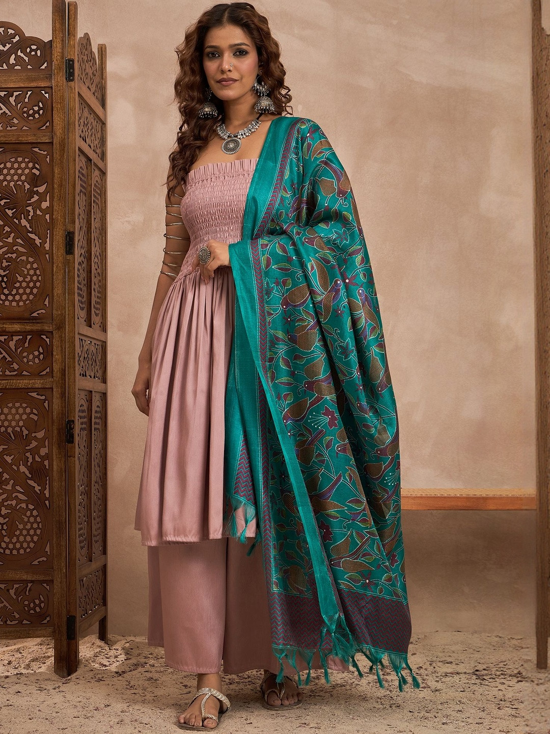 InWeave  Ethnic Motifs Printed Off-shoulder Kurta With Palazzos & Dupatta