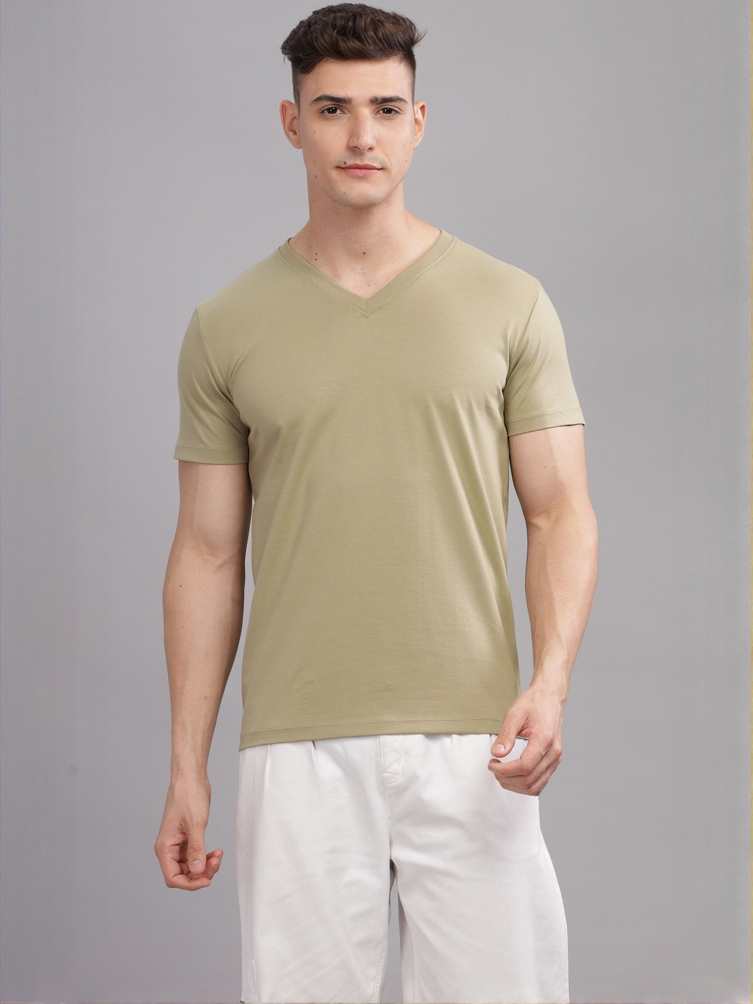 SOLACEACTIVE Men Solid V-Neck Cotton Relaxed Fit T-shirt
