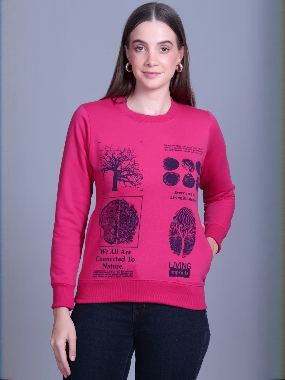 Roadster Women Round Neck Tree Printed Fleece Sweatshirt