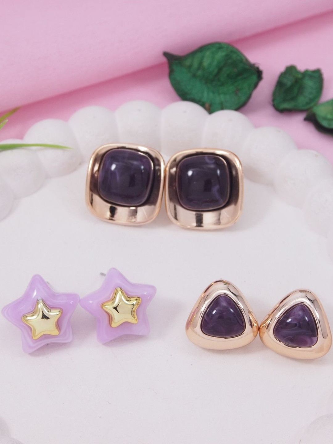 I Jewels Set Of 3 Artificial Stones Studded Square Shaped Studs