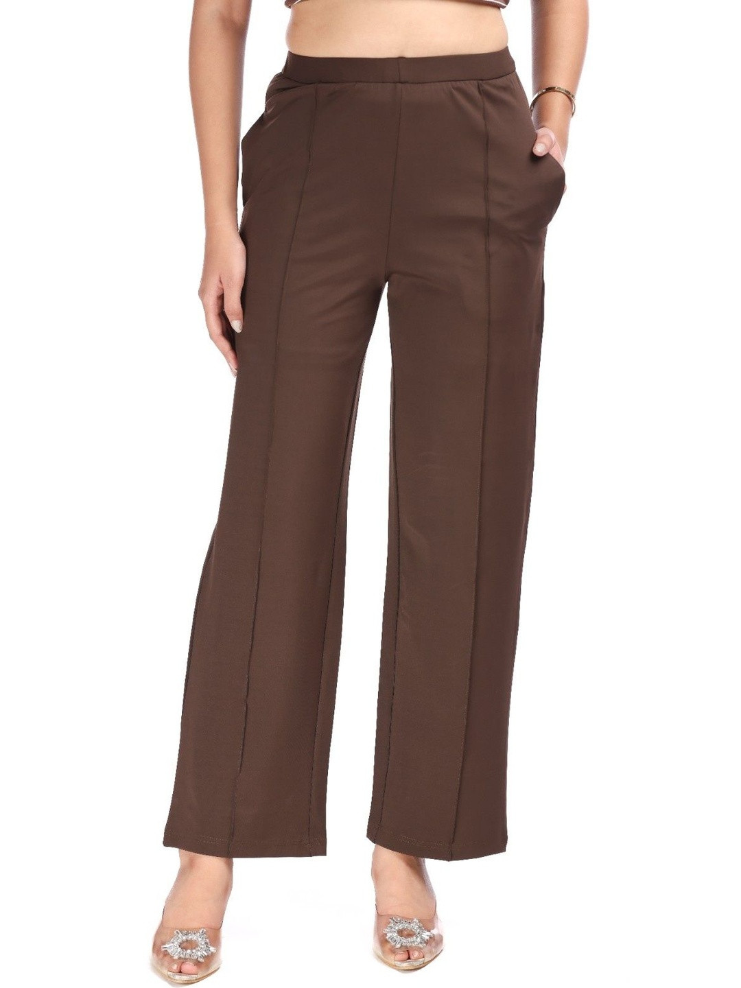 E-MAX Women Coffee Comfort Straight Fit Easy Wash Cotton Trousers
