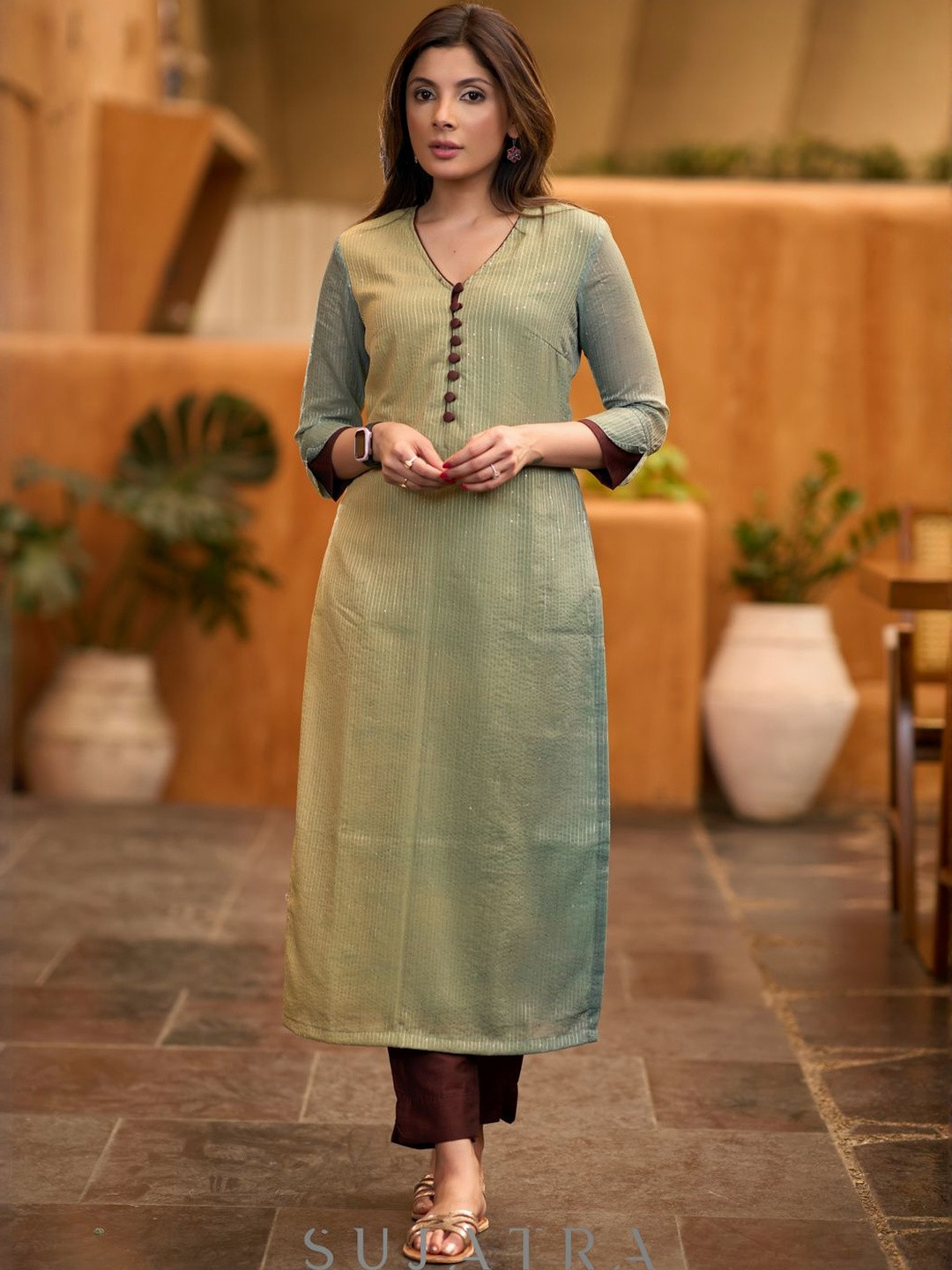 SUJATRA Elegant Green Shaded kurta With Contrast Brown Detaling & Brown Pant