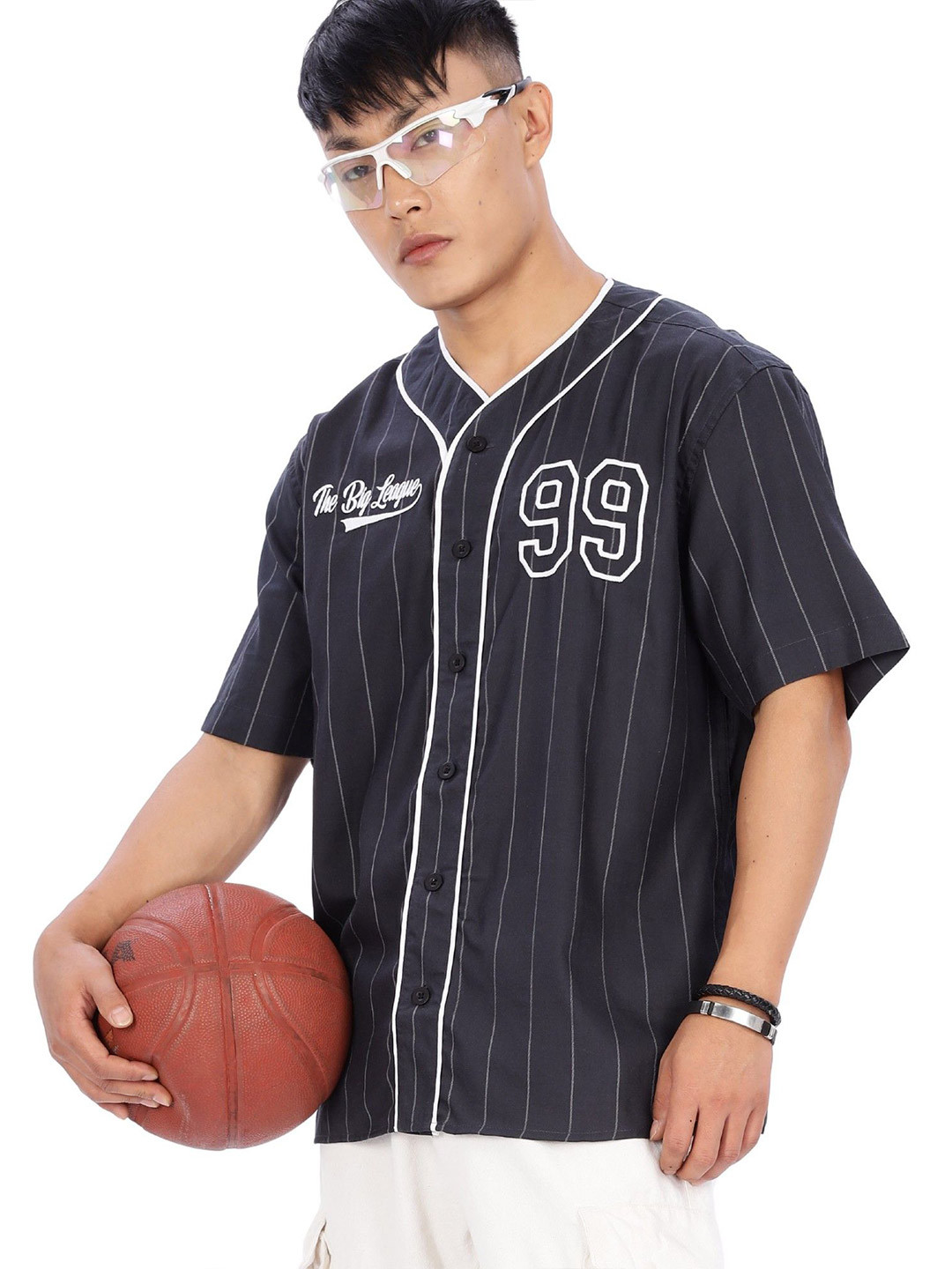 Eszett Striped Printed V-Neck Baseball Cotton Shirt