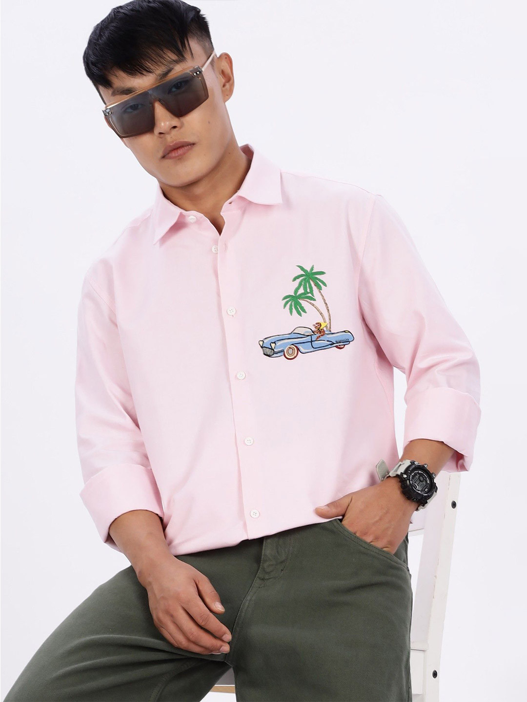 Eszett Motorist Leopard Pink Spread Collar Cotton Shirt