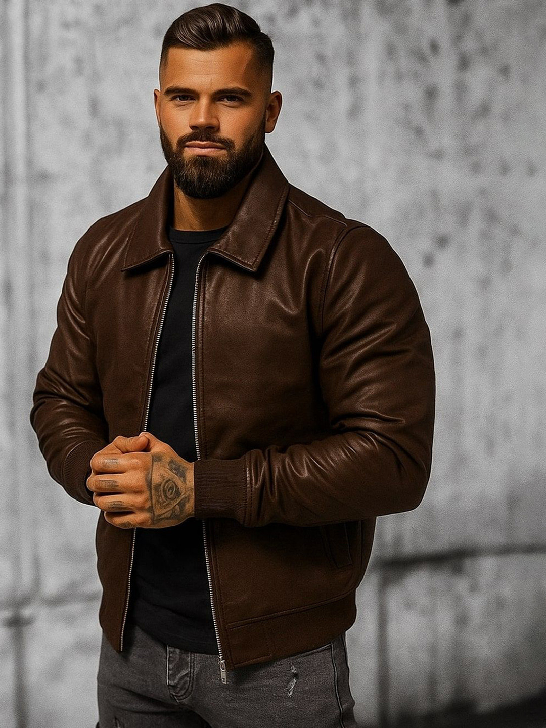 Blaq Ash Men Hooded Solid Leather Jacket