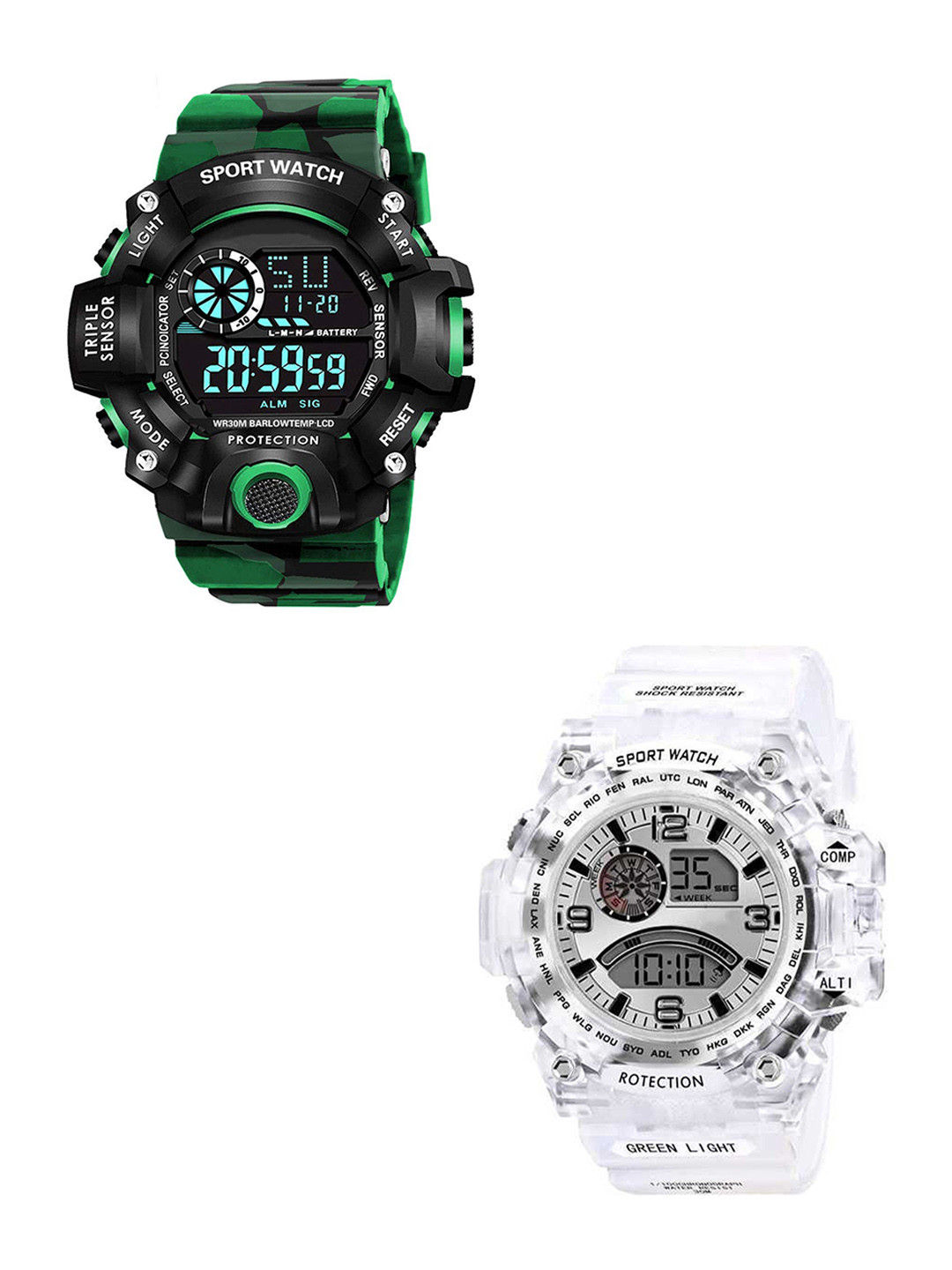 FROZIL Men Pack Of 2 Dial & Silicon Straps Digital Watch C-Army-Green-Trans White