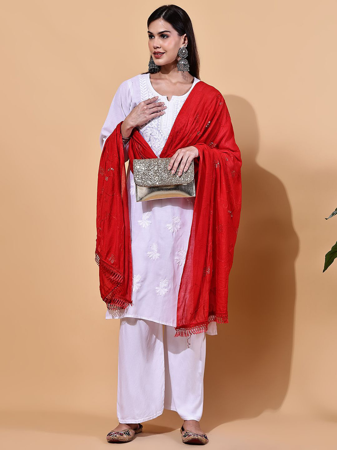 LOOM LEGACY Floral Embroidered Cotton Dupatta With Sequinned