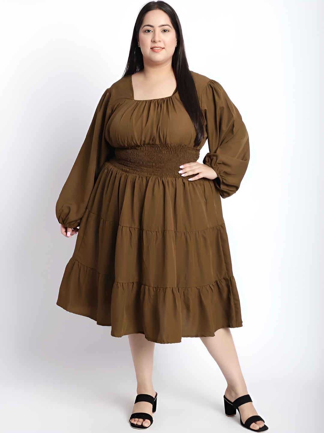 GOMES Women Plus Size Square Neck Puff Sleeve Fit & Flare Dress