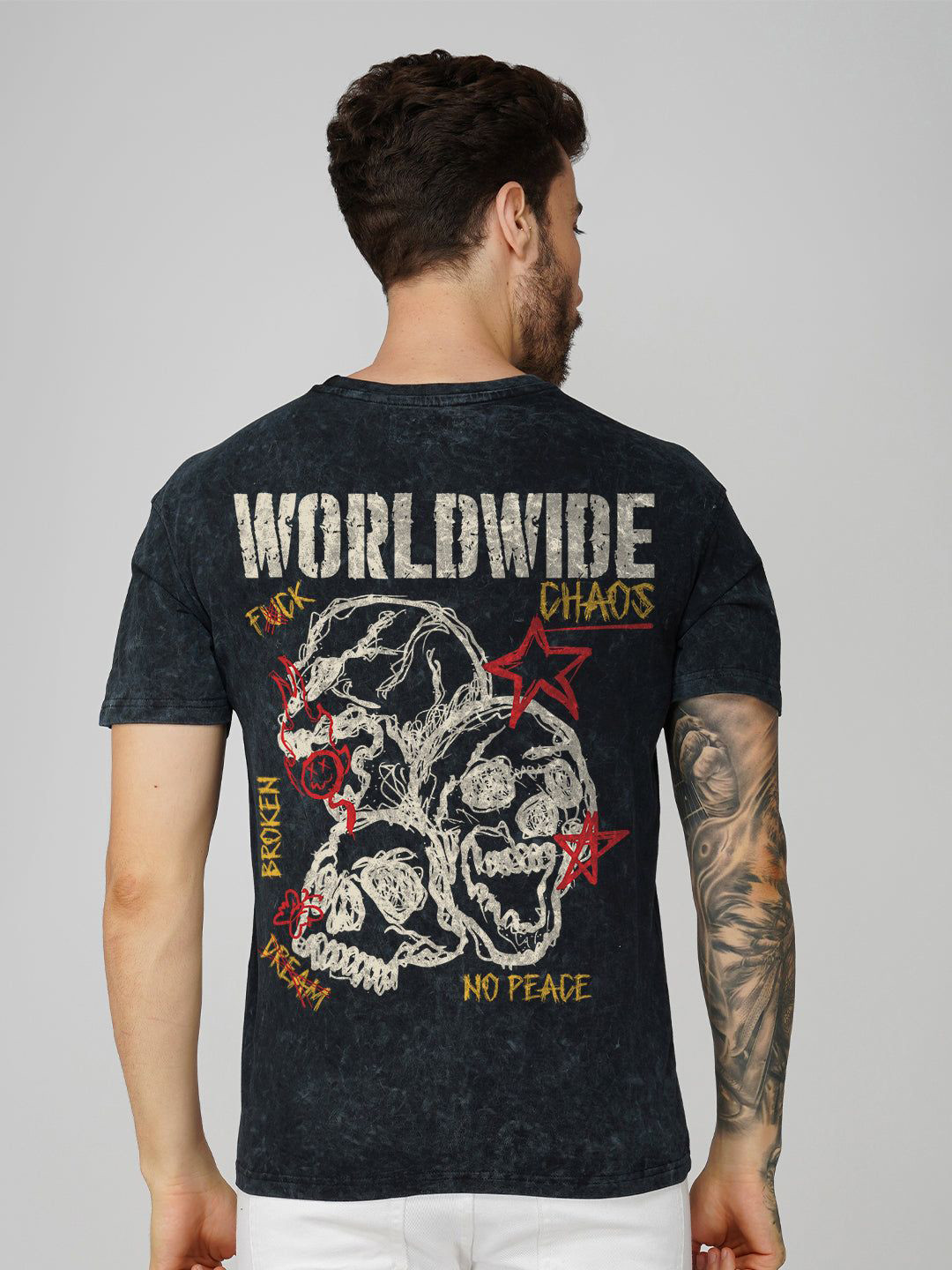 Crazymonk Worldwide Chaos Graphic Printed Short Sleeves Cotton Oversized Acidwash T-shirt