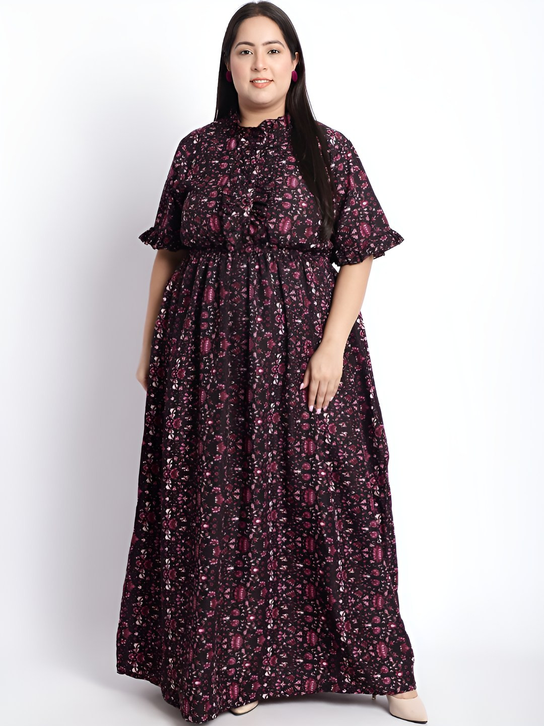 Gomes Women Plus Size Floral Printed Mock Neck Puff Sleeves Maxi Dress
