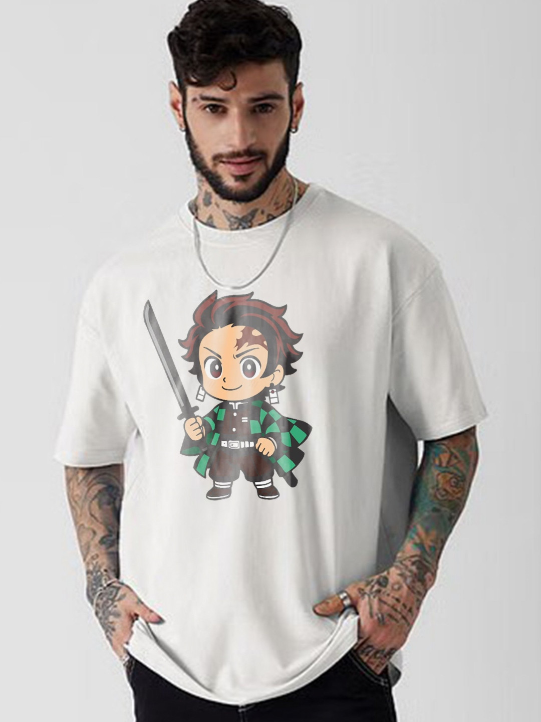 TOGS & TERRE Men Demon Slayer Graphic Printed Round Neck Cotton Oversized T-shirt