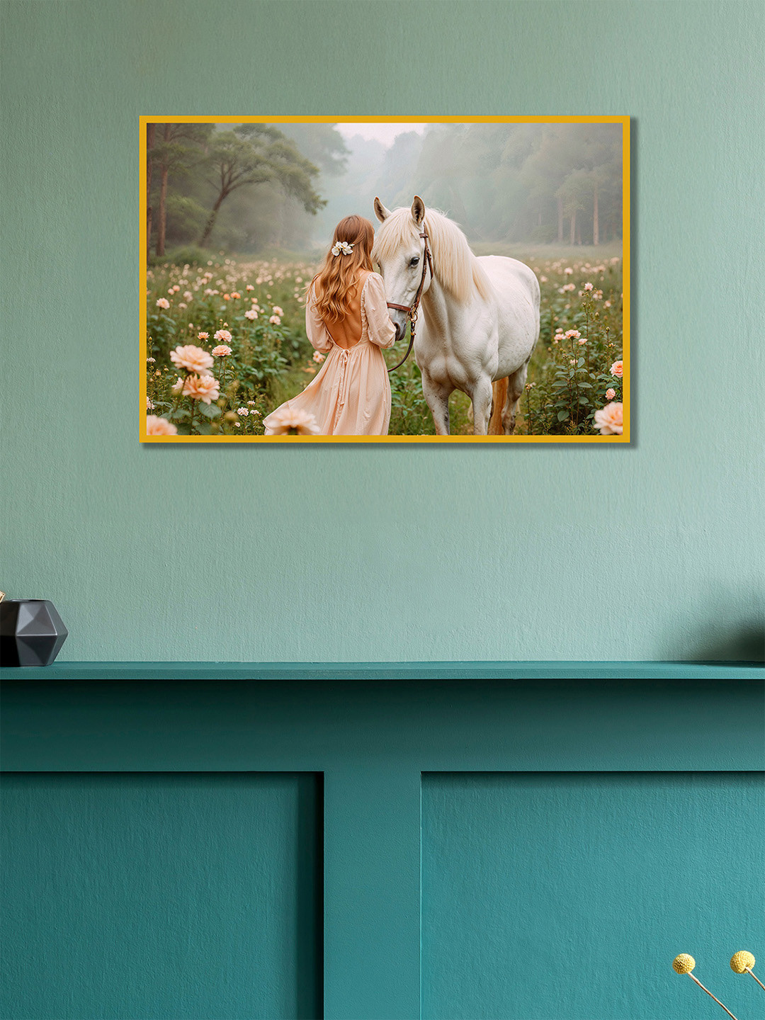 nestroots Soft Steps Wild Heart Green & White Women & Horse Printed Canvas Wall Art