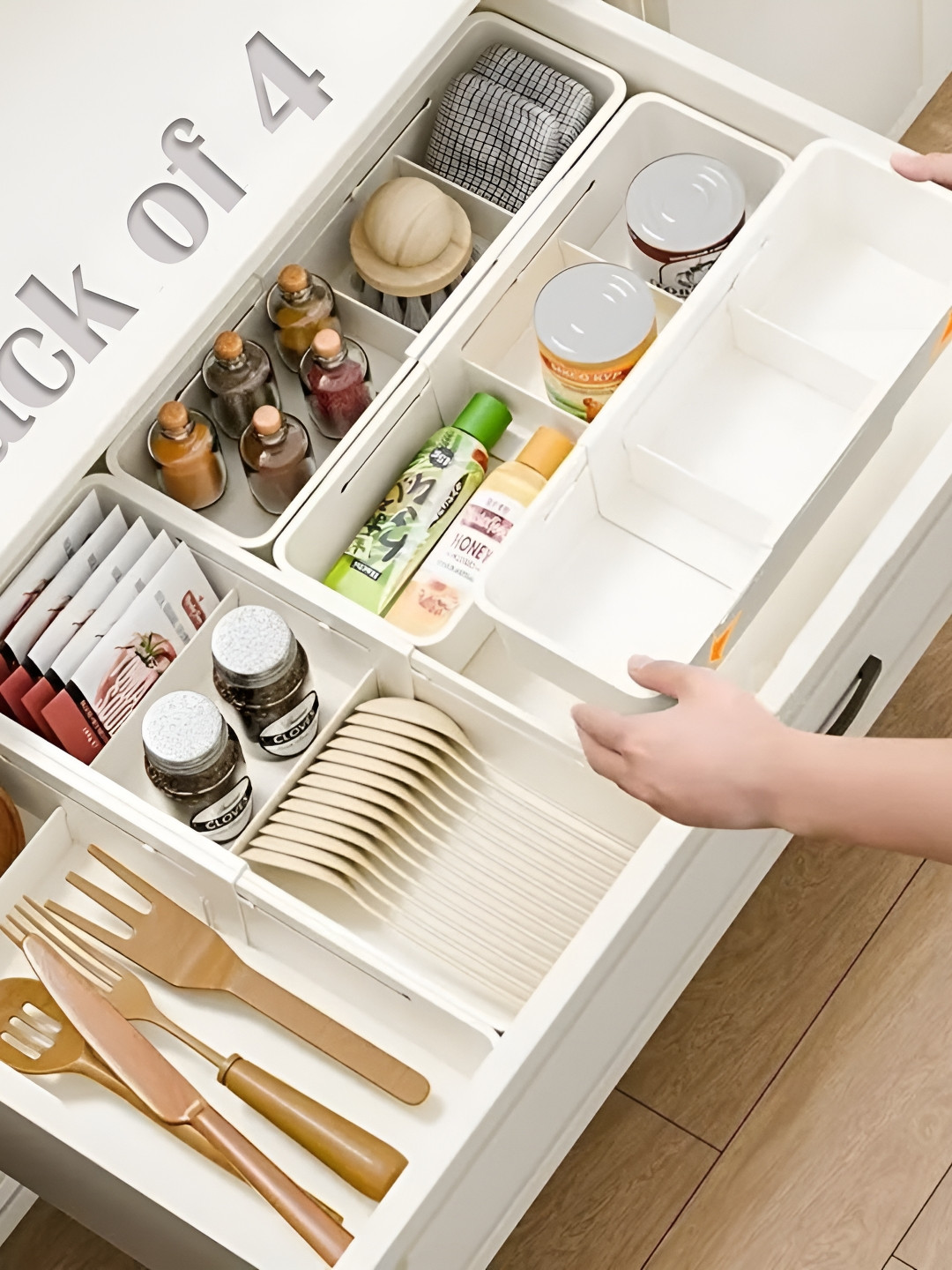 JD FRESH White 4 Pieces Kitchen Drawer Organisers