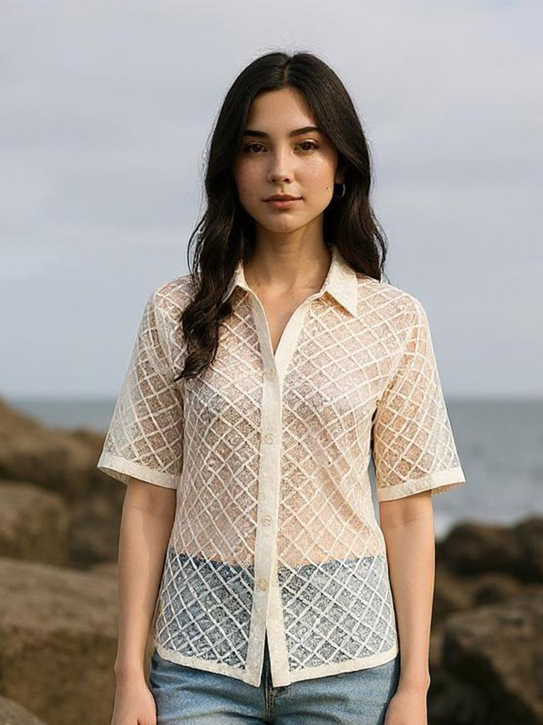 Cream Textured Semi Sheer Casual Shirt