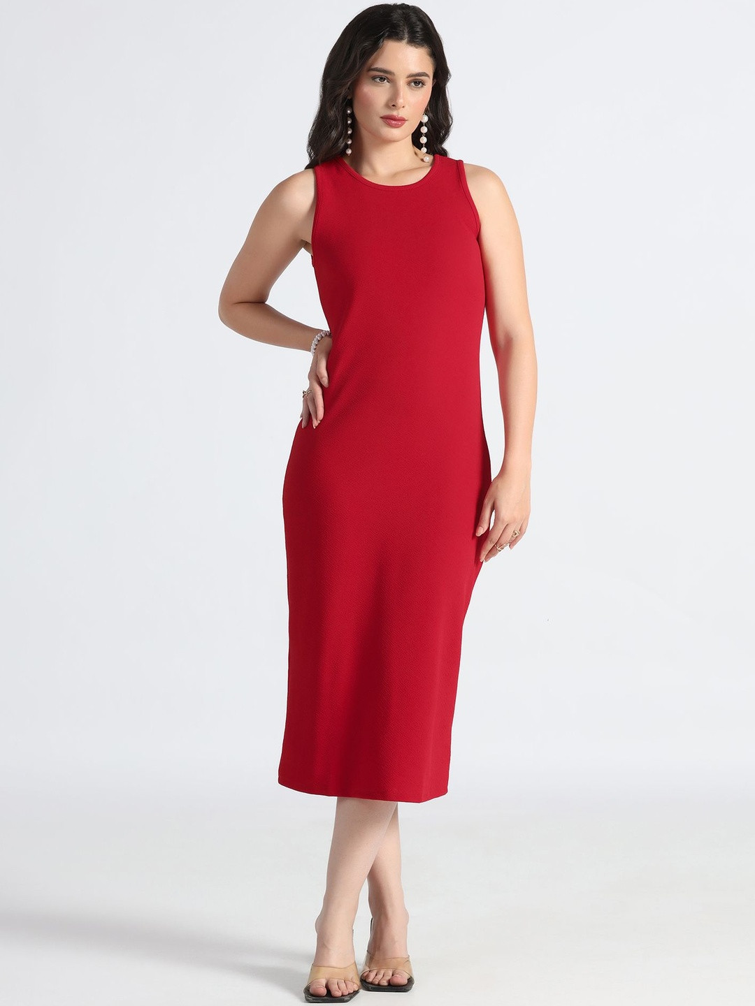 SZN Women Round Neck Sleeveless Sheath Midi Dress