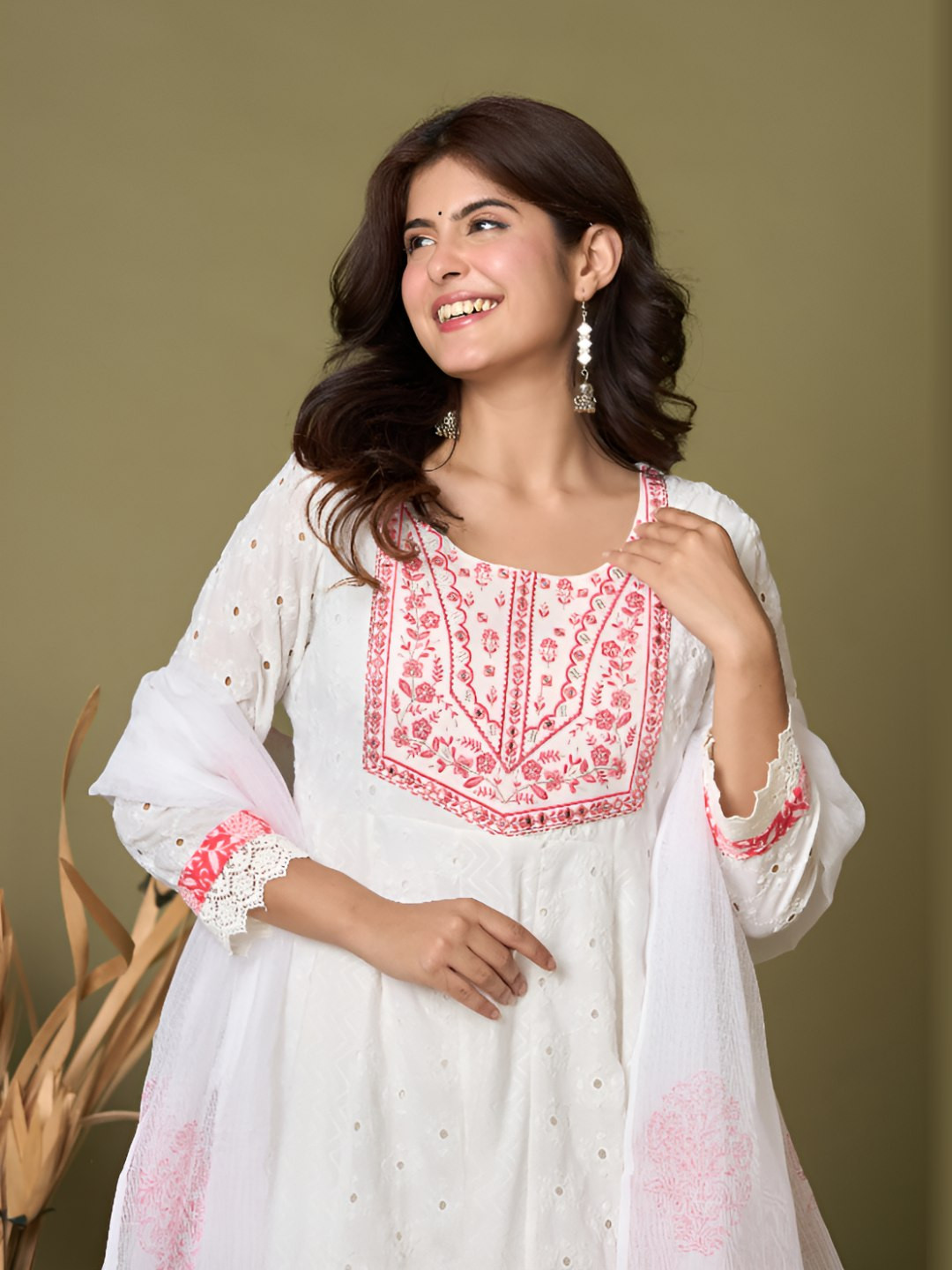 Ruaati Floral Embroidered Thread Work Pure Cotton Kurta With Trousers & Dupatta
