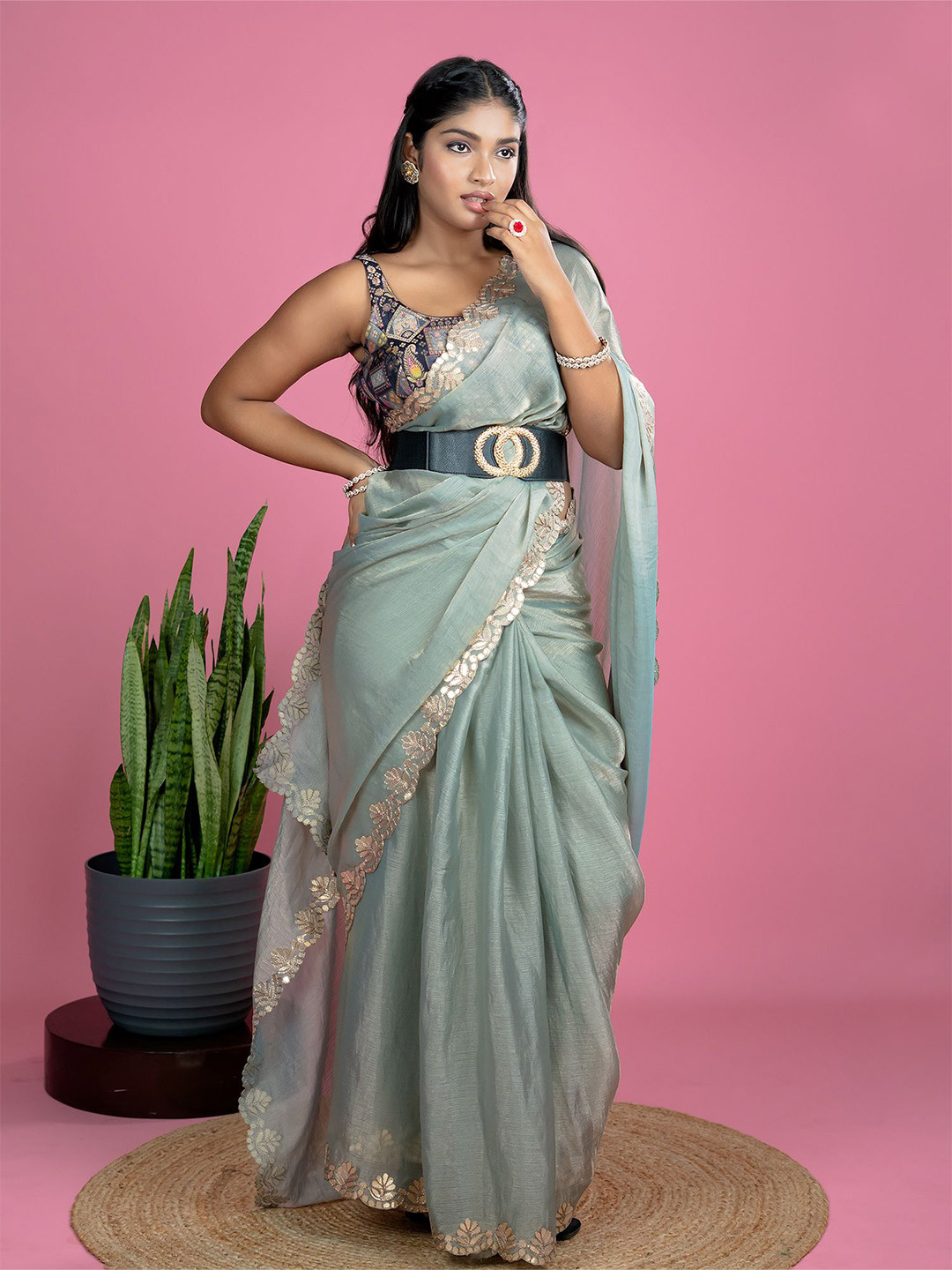 HELLA FASHIONS Sequinned Embellished Border Tissue Belted Sarees With Blouse Piece