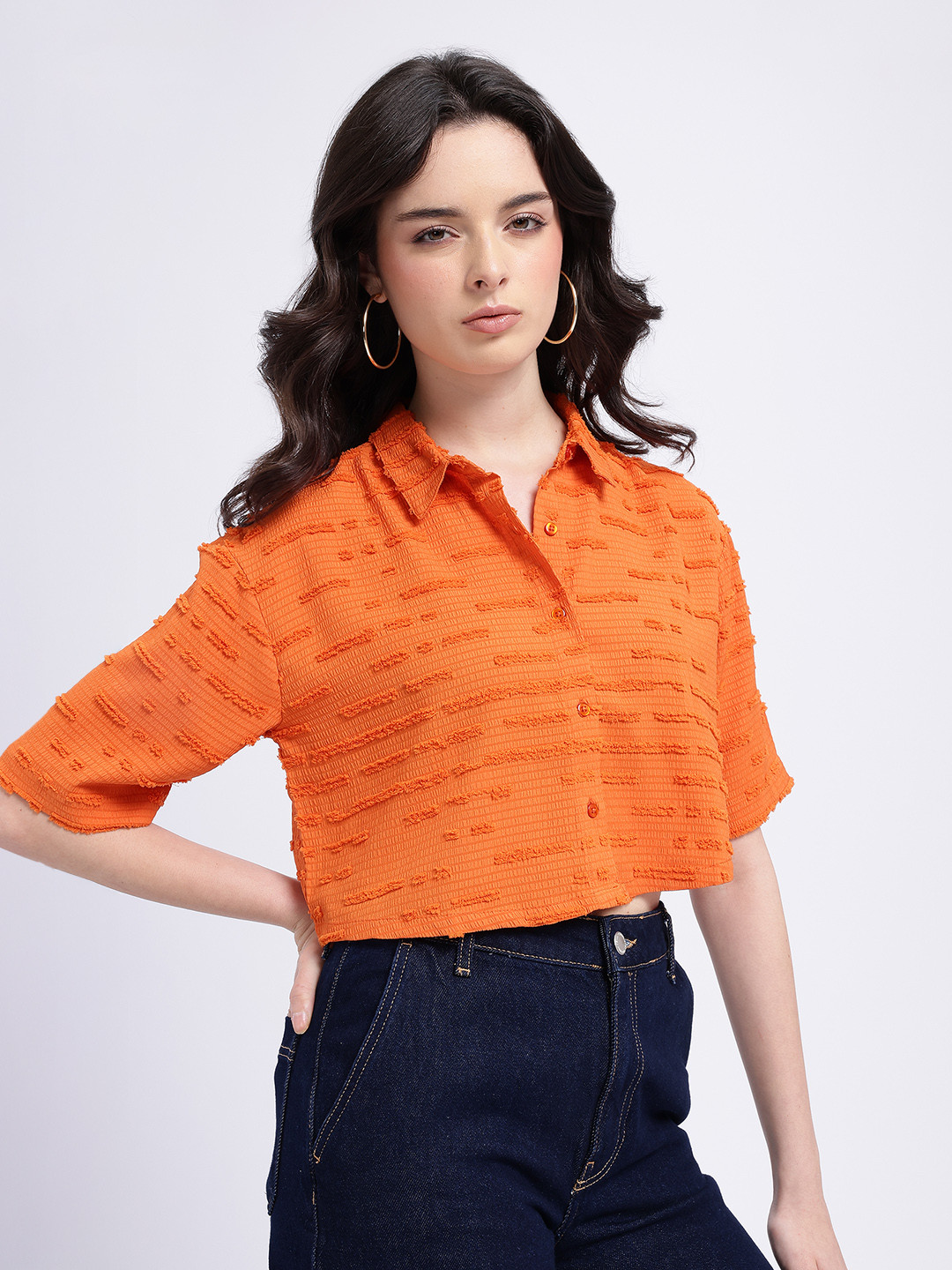 glitchez Seersucker Textured Spread Collar Boxy Shirt
