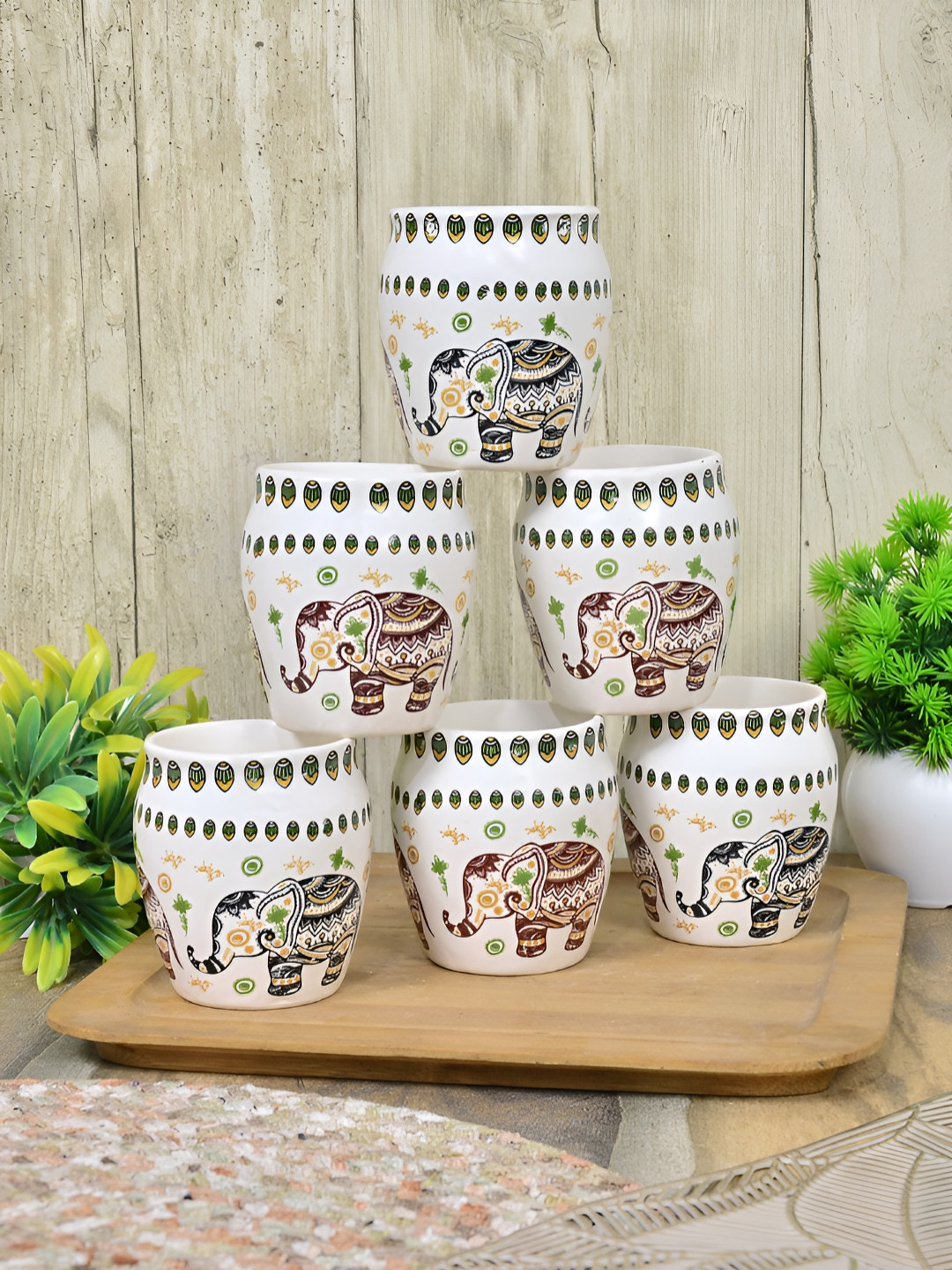 FABINALIV White & Red 6 Pieces Printed Ceramic Glossy Kulladhs
