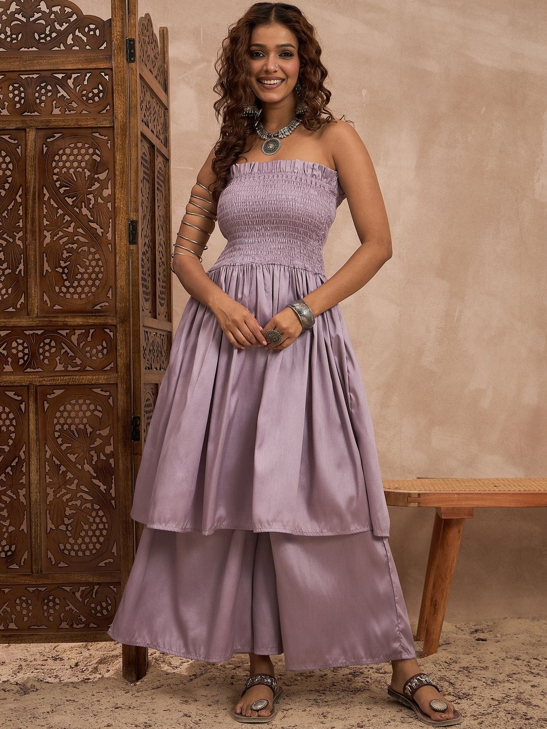 InWeave Women Anarkali Smoked Strep Less Kurta with Palazzos