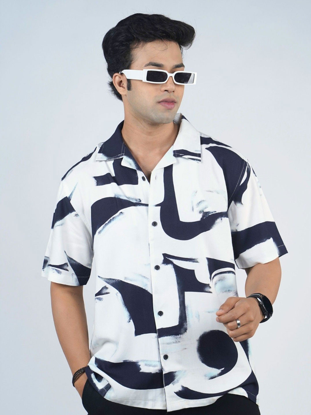 Eszett Eloquent Abstract Printed Cuban Collar Pure Cotton Shirt