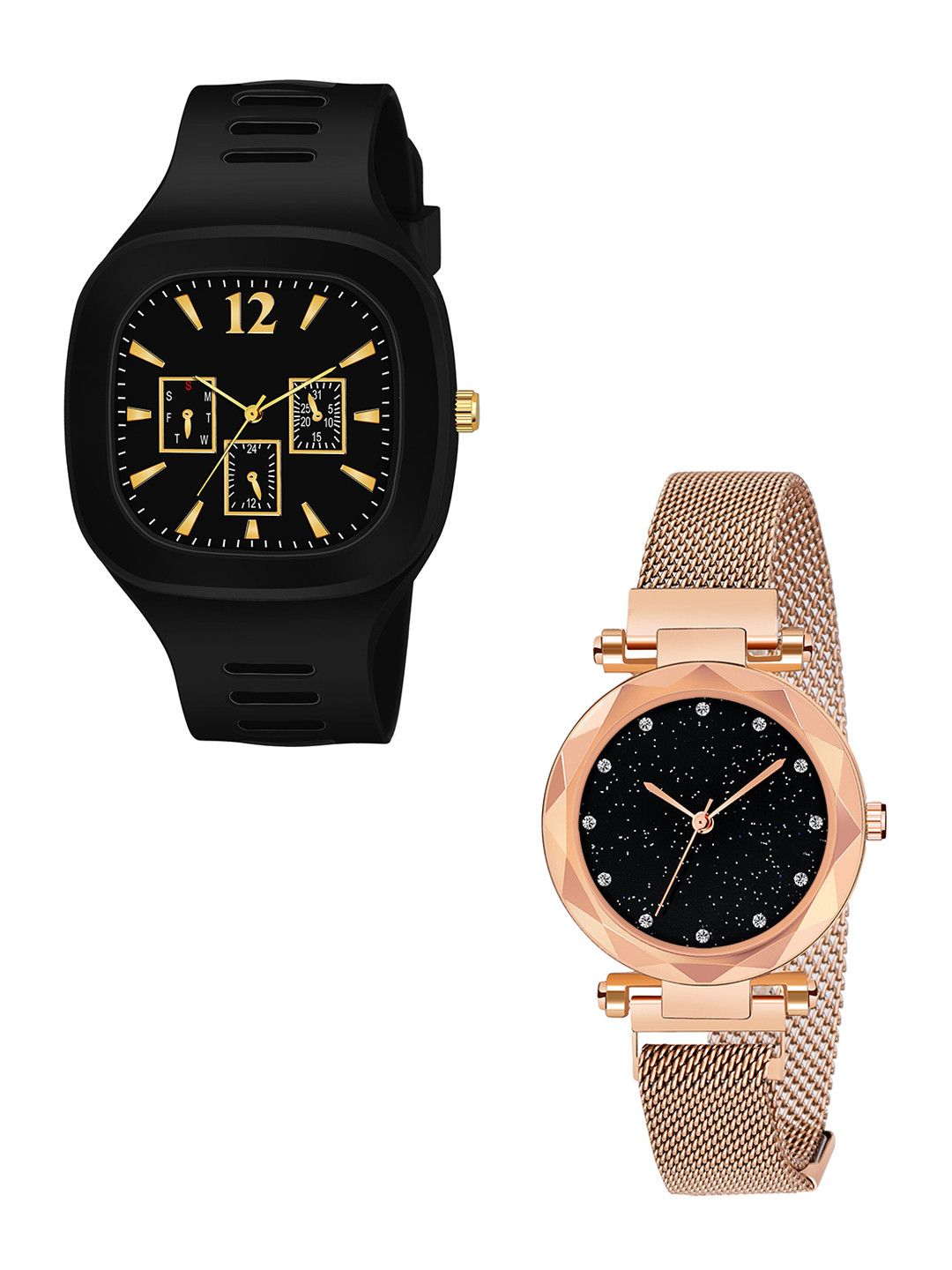 FROZIL Unisex Pack of 2 Round Dial Analogue Watches SQ-BLACK-MAG-COPER