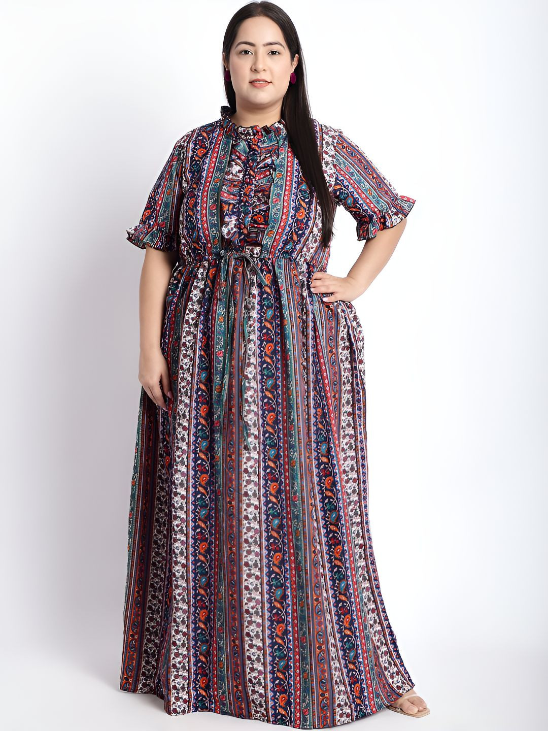 Gomes Women Crepe Plus Size Bohemian Printed Tie-Ups Maxi Dress