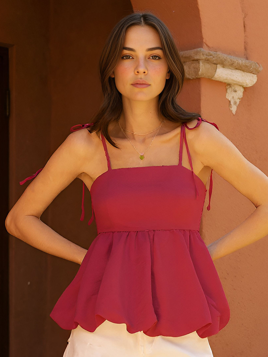 Magenta Square Neck Peplum Top