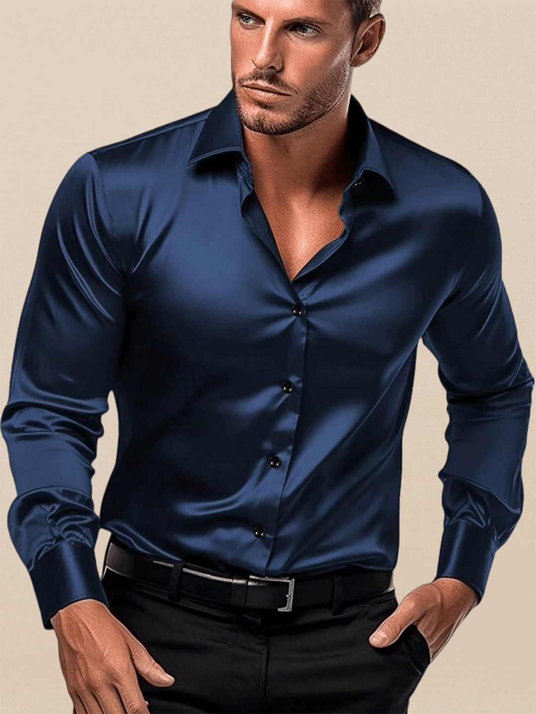INDOPRIMO Classic Fit Spread Collar Formal Satin Shirt