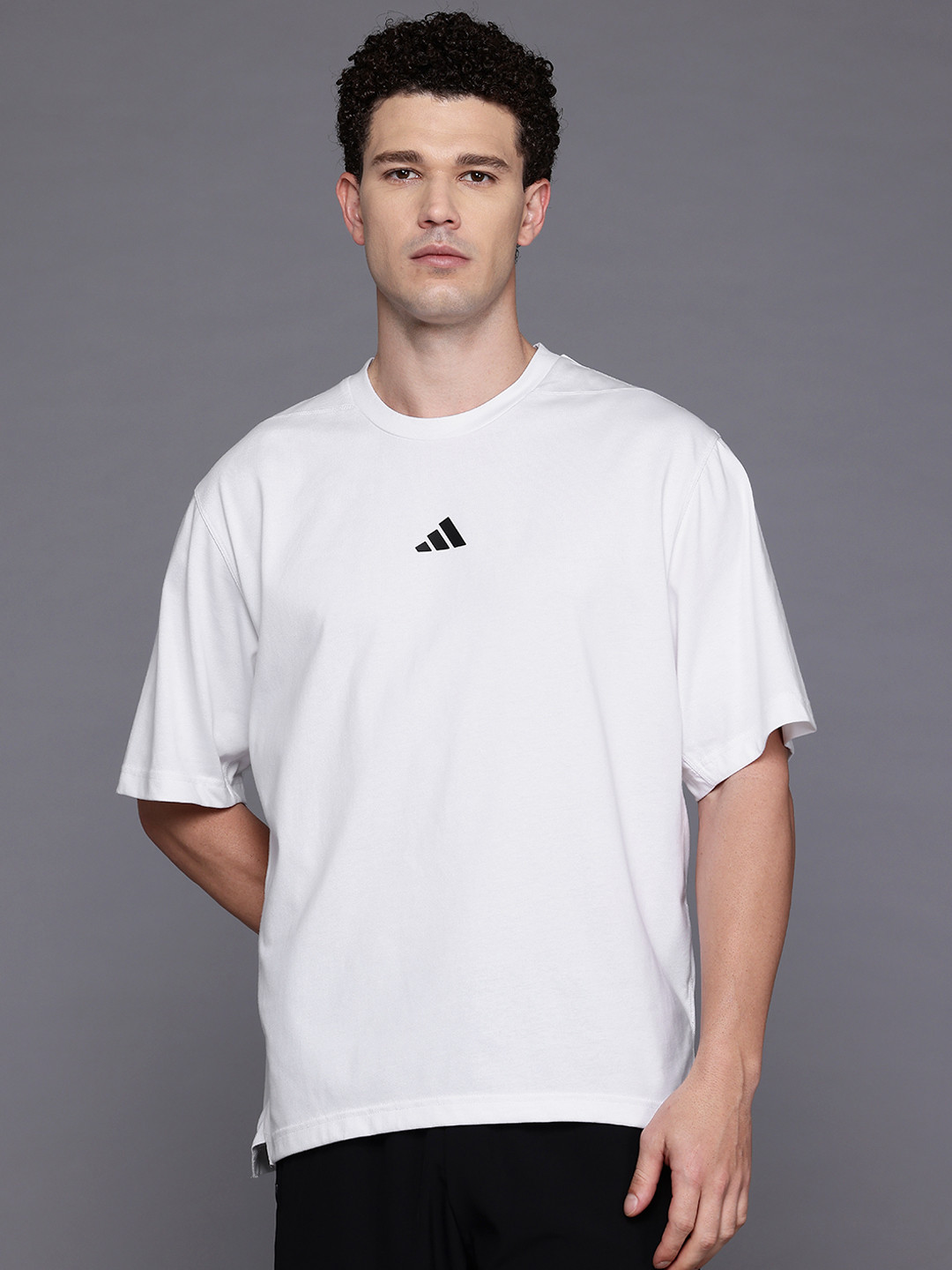 ADIDAS Brand Logo Print Pure Cotton Drop-Sleeves Oversized Training T-shirt