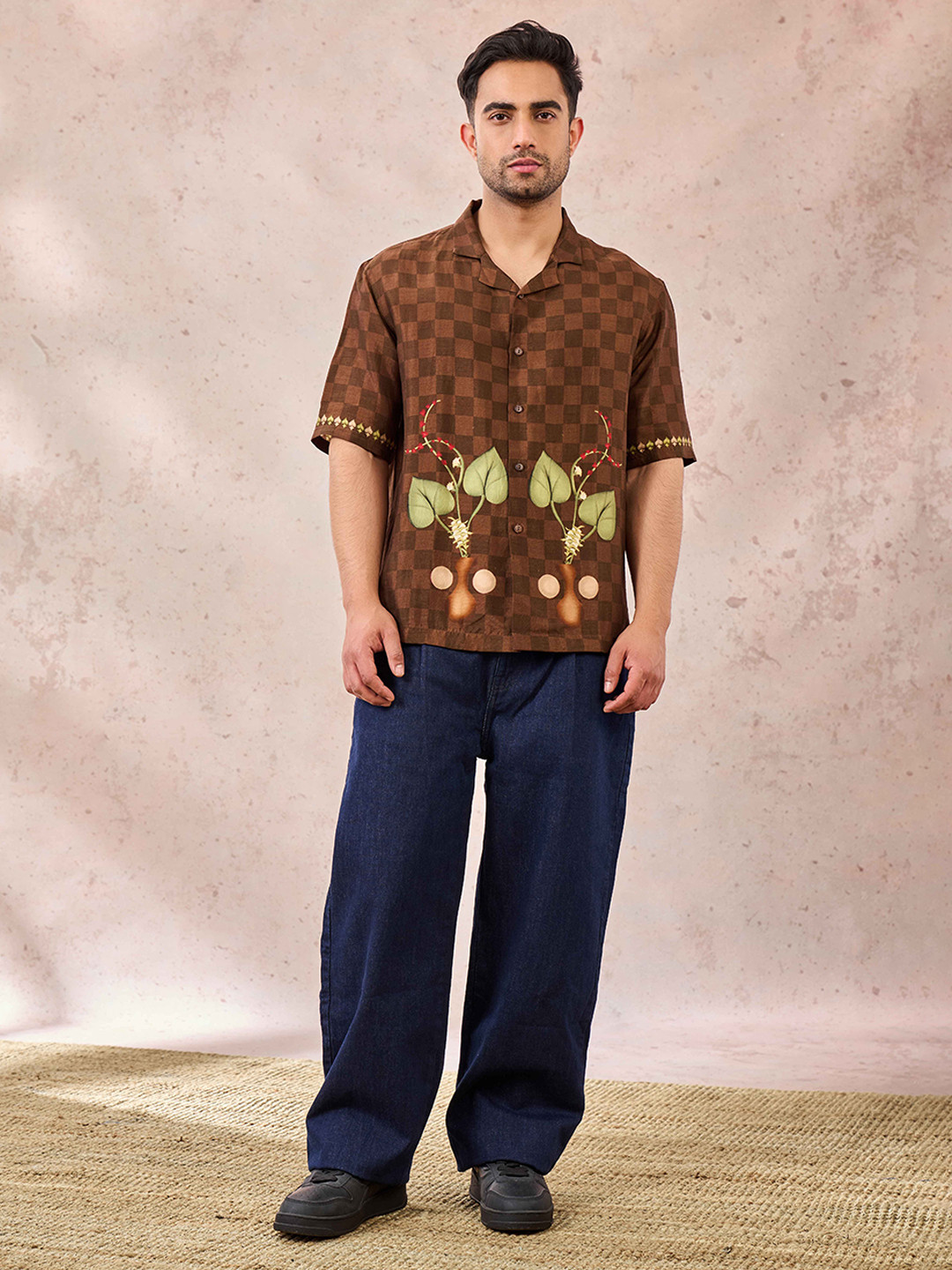 Masaba Men Relaxed Fit Buffalo Checked Cuban Collar Silk Casual Shirt