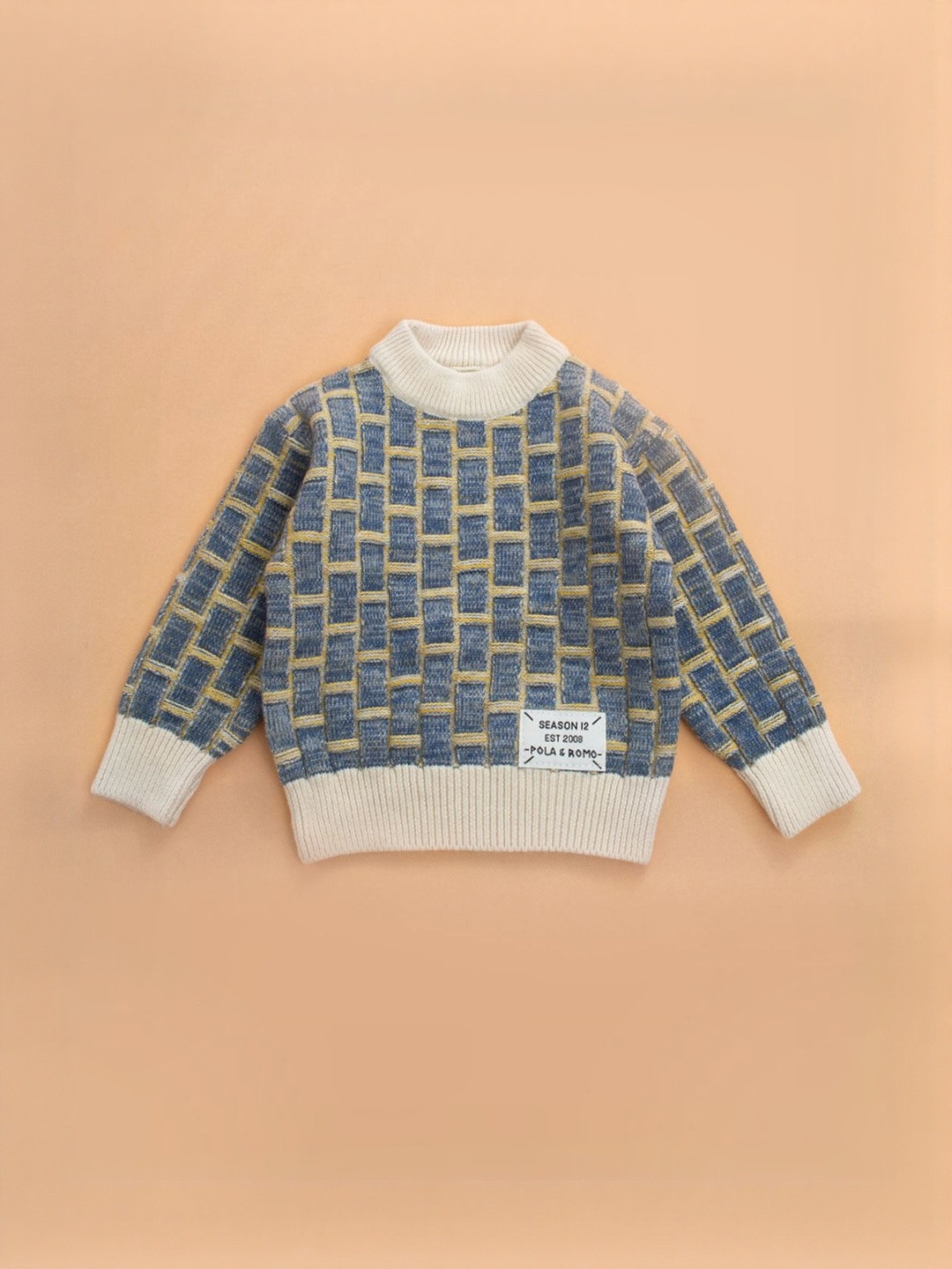 Hopscotch Kids Boys Navy Blue Checked Round Neck Long Sleeves Pullover Cotton Knit Sweater