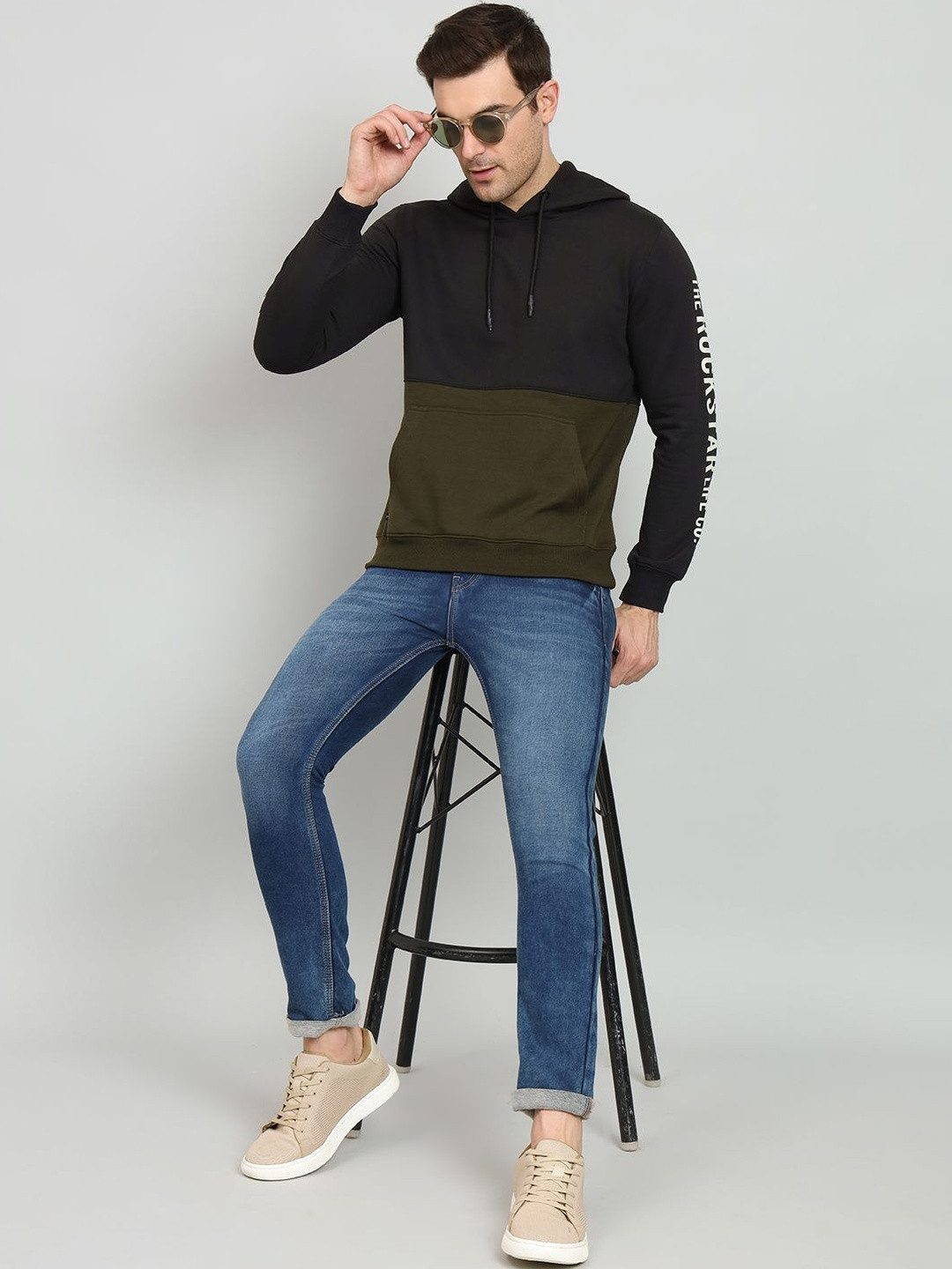 SZN Men Olive Fleece Colourblocked Sweatshirt