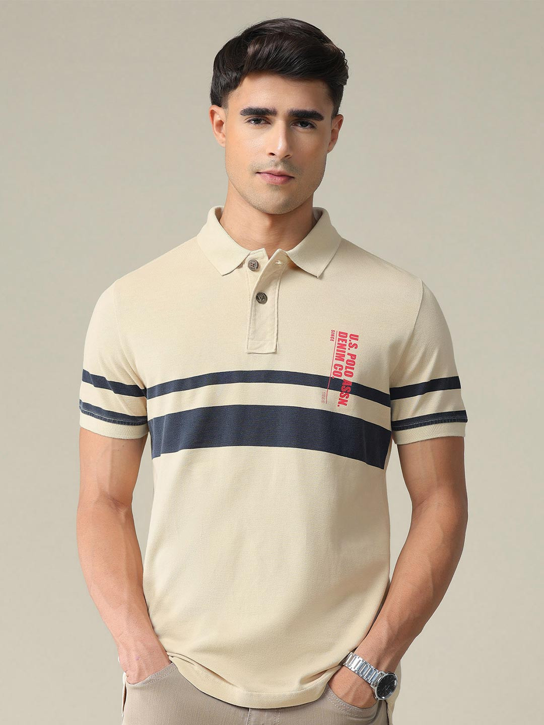 U.S. Polo Assn. Denim Co. Horizontal Engineered Stripe Cotton Polo Slim Fit Shirt