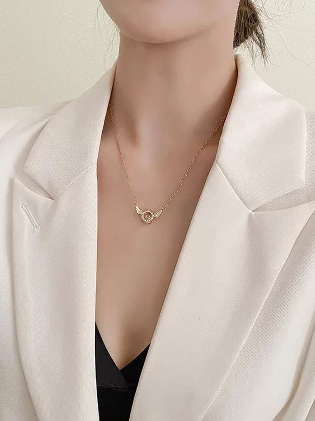 TheVineGirl Women Gold-Plated Circle With Angel Wings Crystal Ring Pendant Necklace