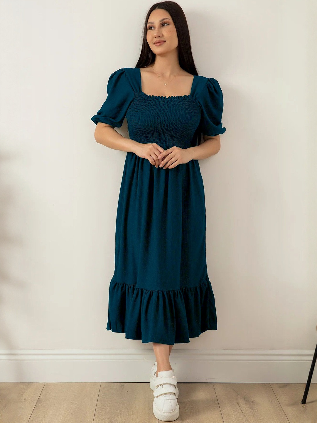 Honky Tonky Solid Smocked detail Puff Sleeves Crepe bFit and Flare Midi Dress