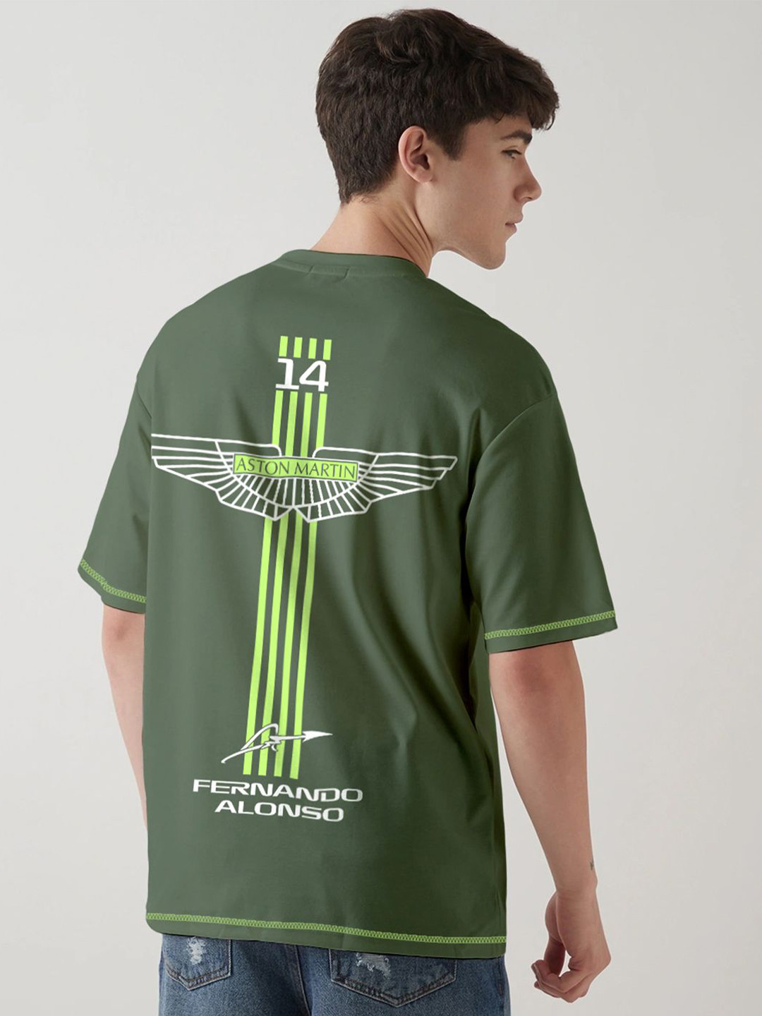 Crazymonk Aston Martin Alonso Printed Drop-Shoulder Sleeves Cotton Oversized T-shirt