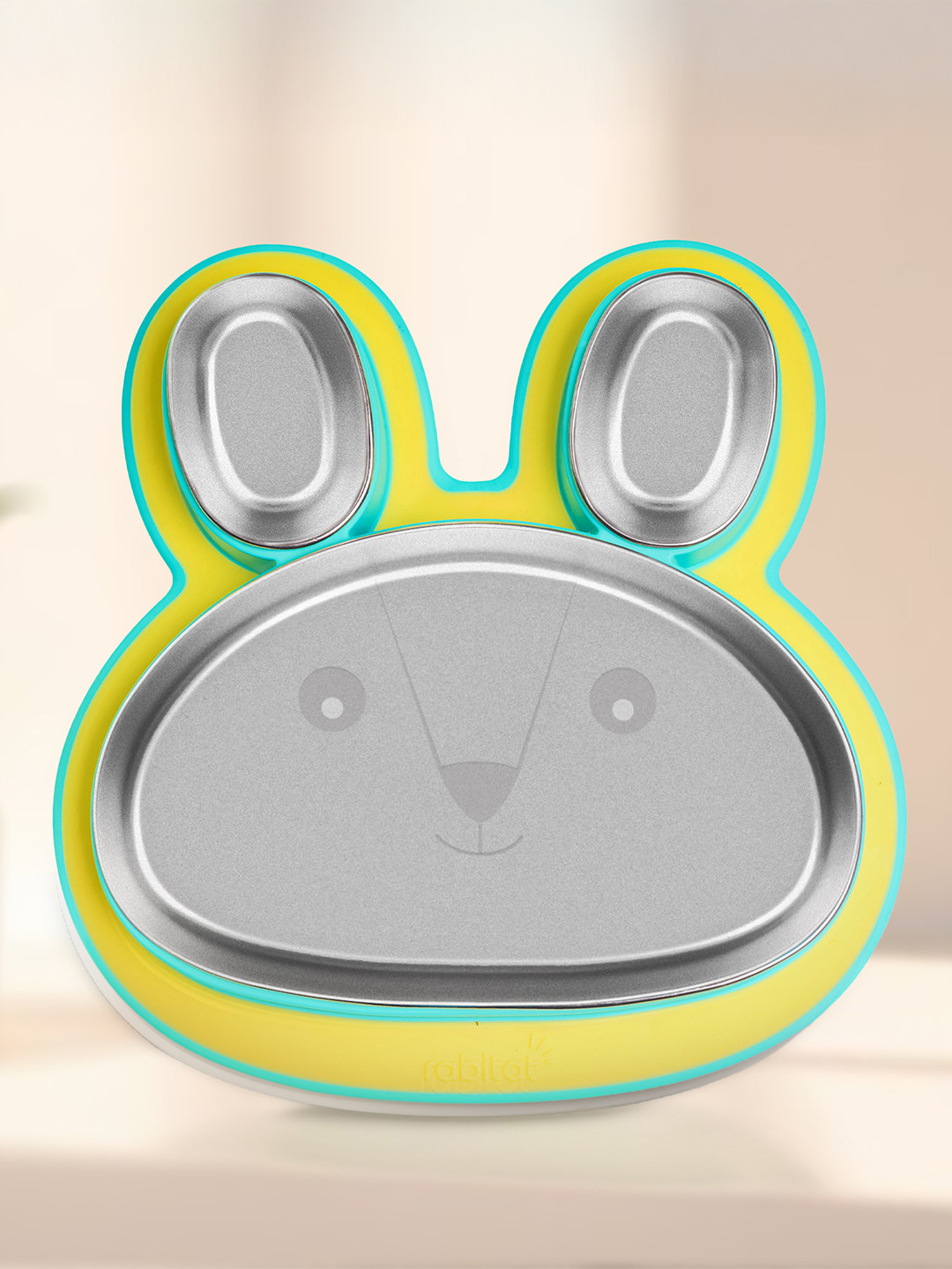 Rabitat Kids Yellow & Turquoise Blue Hoppy Playte Anti Skid Stainless Steel Plate