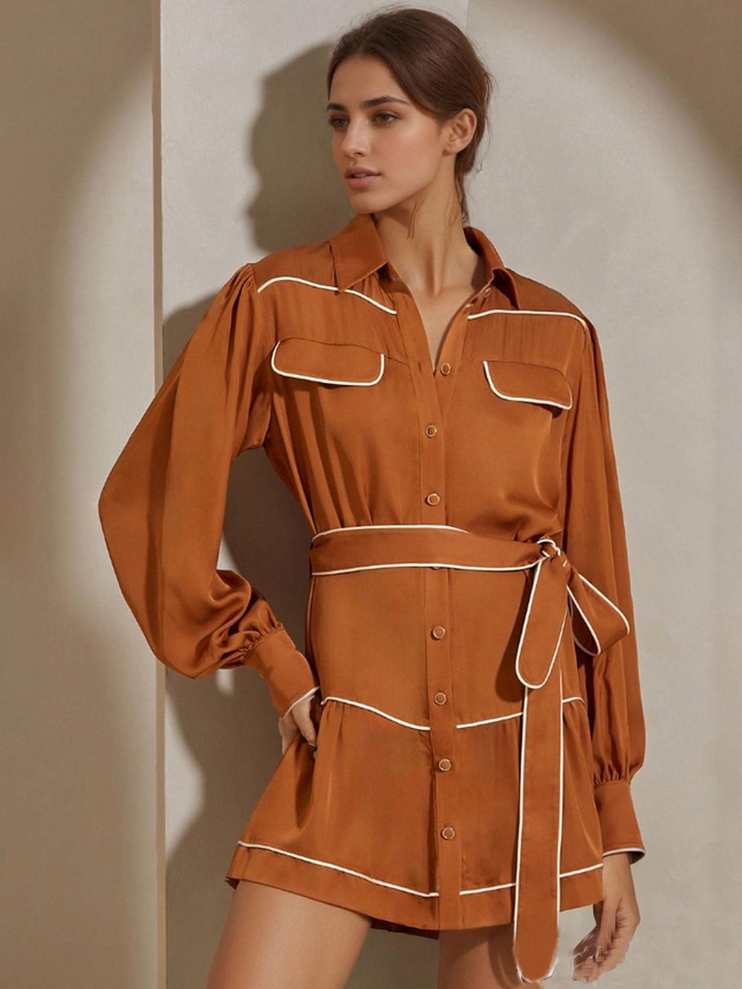 bebe Women Shirt Collar Long Sleeves Dress