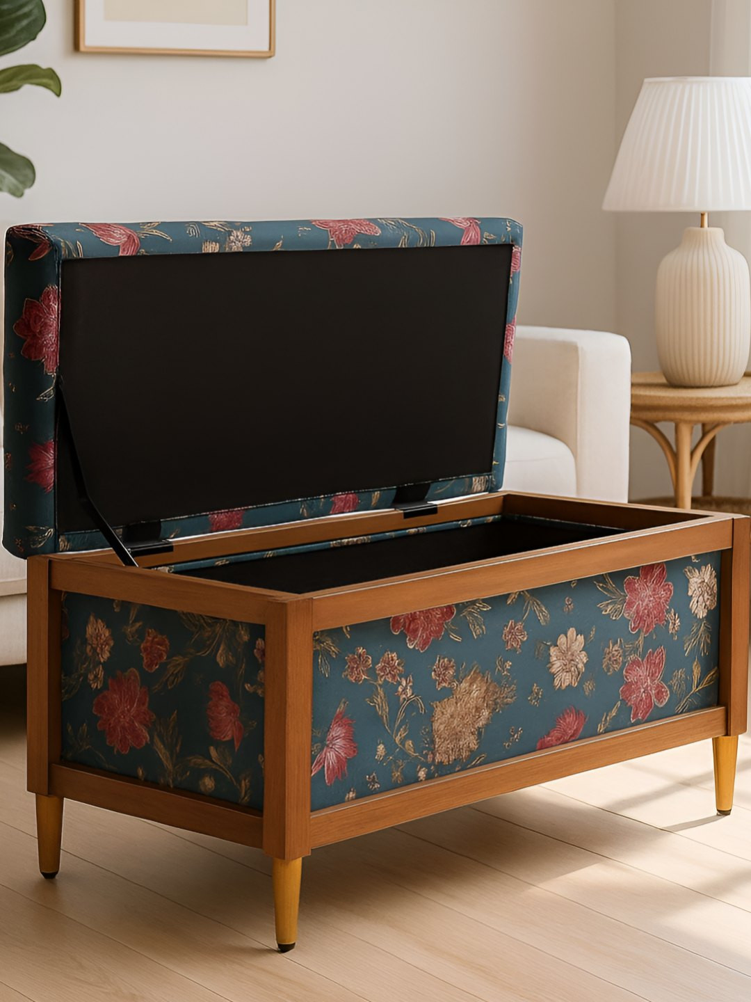 GLOBALLY INDIAN Turquoise Blue & Pink Printed Wooden 2-Seater Rectangle Ottoman