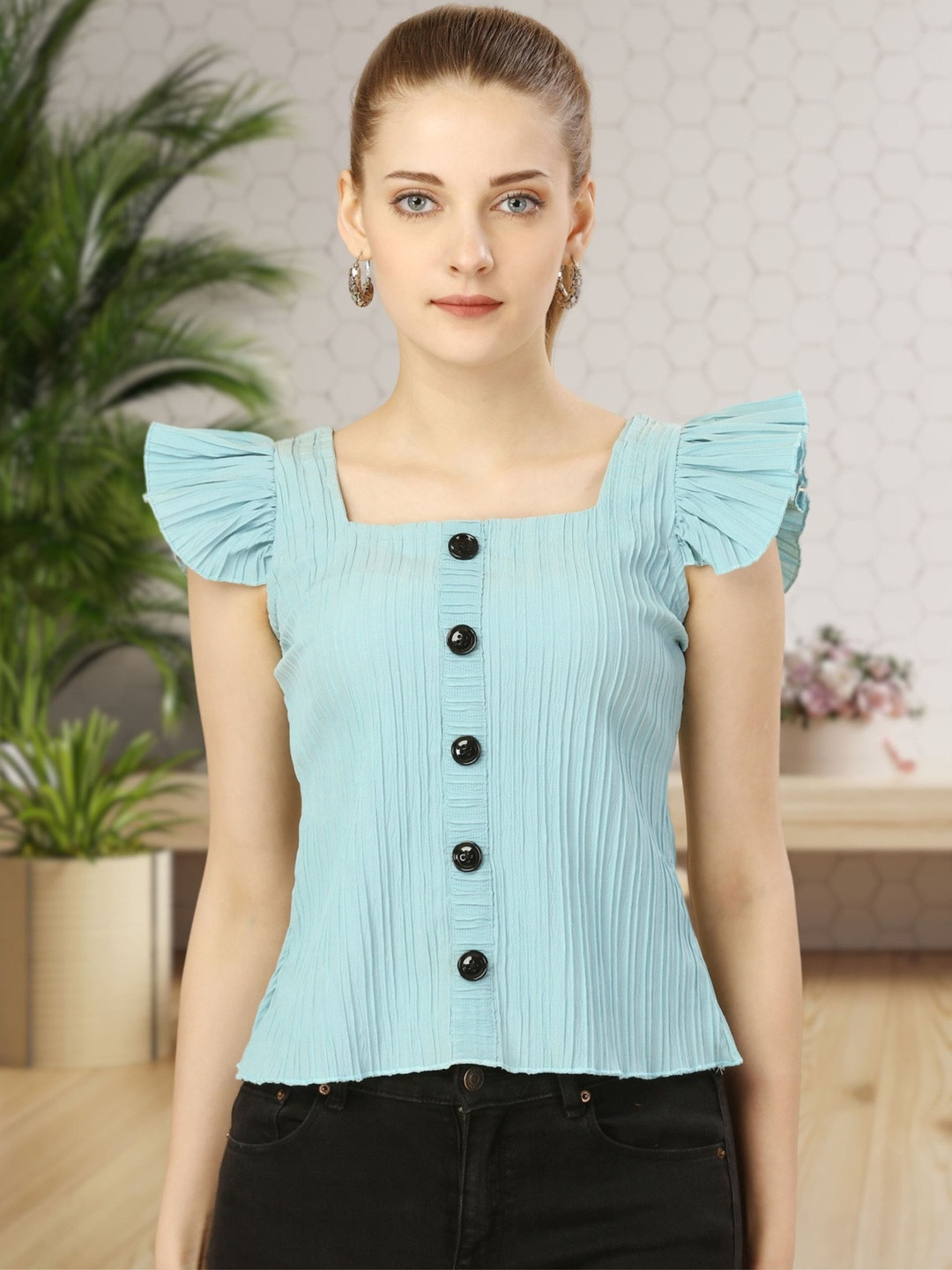 YANAMORA Women Turquoise Blue Square Neck Flutter Sleeve Top