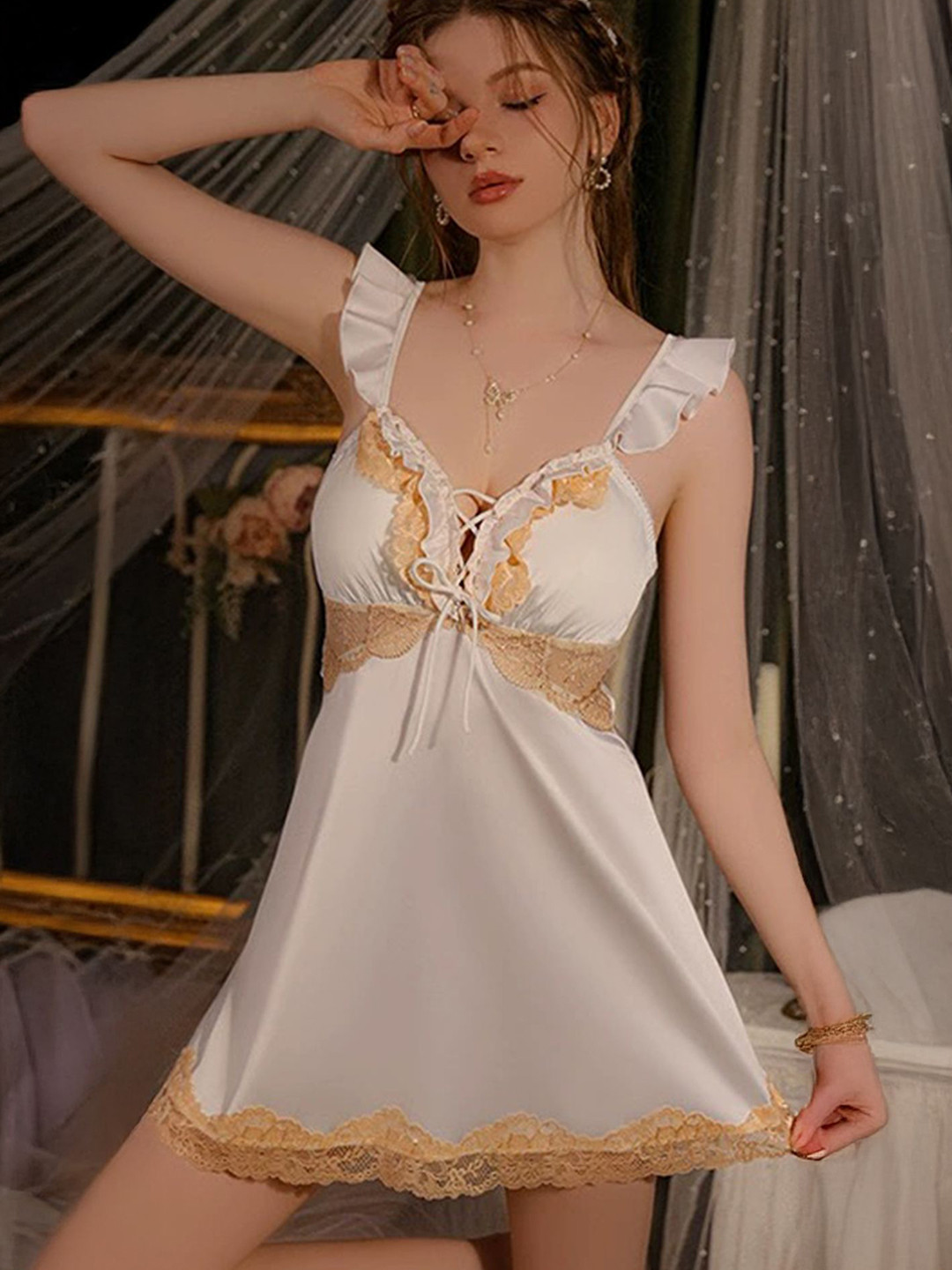 LULU & SKY Lace-Up Front Flutter Sleeves Baby Doll Nightdress