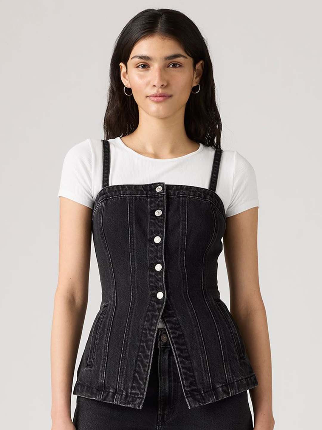 Levis Women Striped Shoulder Straps Tailored Bustier Smocked Retro Denims Cotton Crop Top