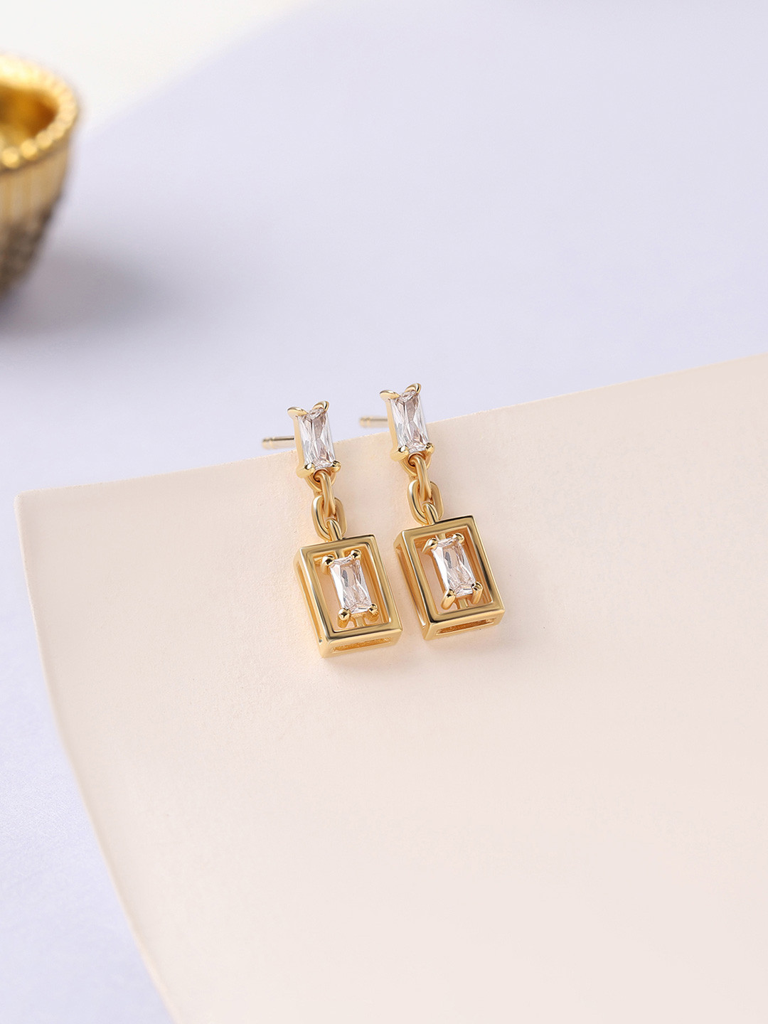 Ornate Jewels 925 Sterling Silver 18KT Gold-Plated AD--Stone Studded Square Drop Earrings