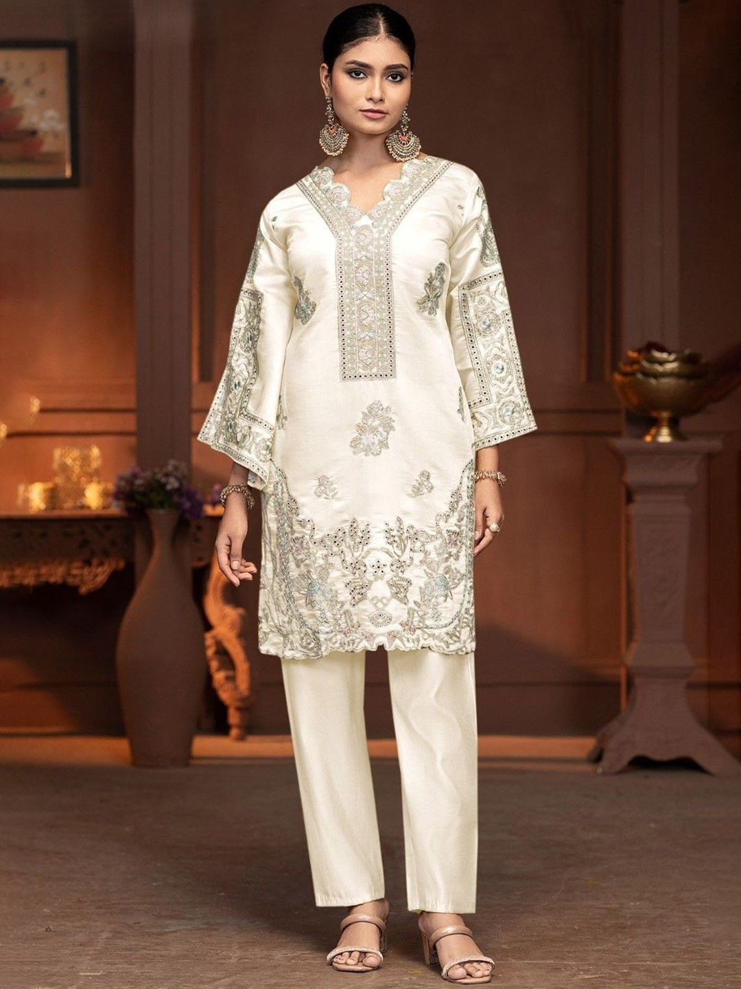 AUTUMN LANE Mayuri Dove Embroidery V-Neck Top With Trouser Co-Ords