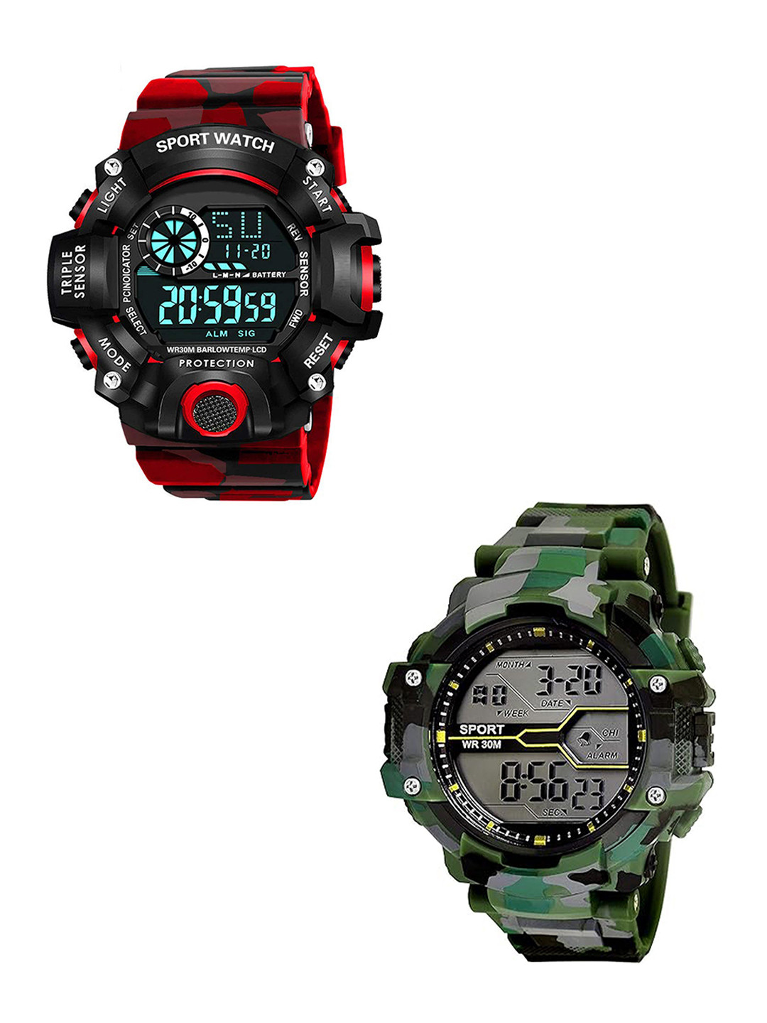 FROZIL Men Pack Of 2 Dial & Textured Straps Digital Watches Army Green-C Shock Red