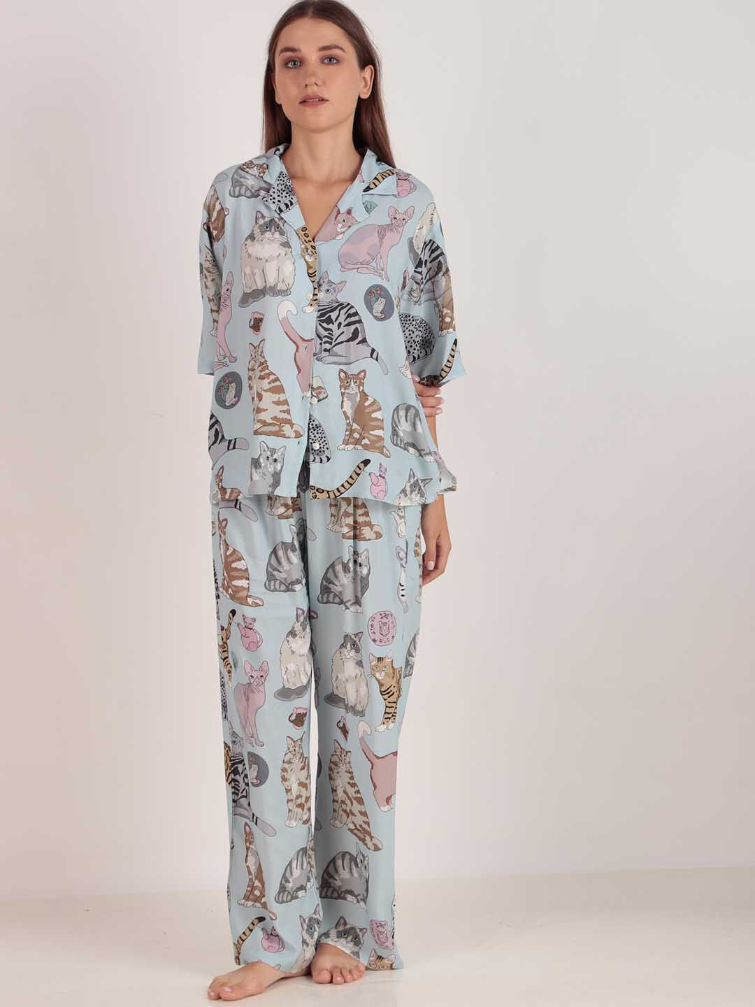 Meow Women Blue Printed Loungewear Loose Fit Night Suit Set