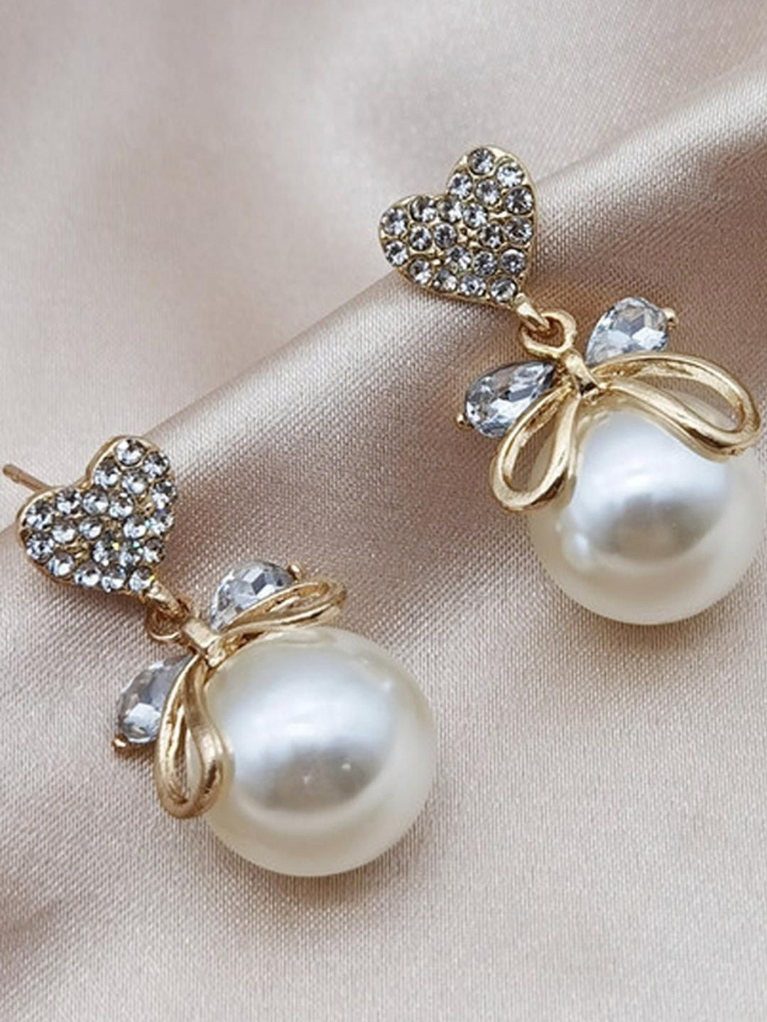 DressBerry Korean Studded Bow Heart Big Pearl Drop Earrings