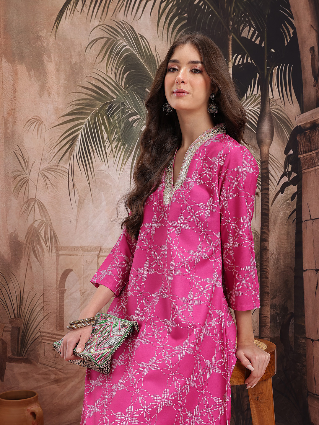Sangria Floral Printed Gotta Patti Detail V-Neck Festive A-Line Kurta