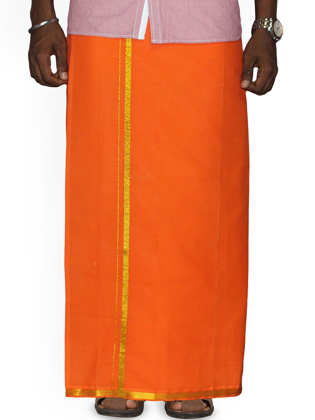 PRAKASAM COTTON Men's Single Orange Colour with Jari Border Welcro Pocket Dhoti